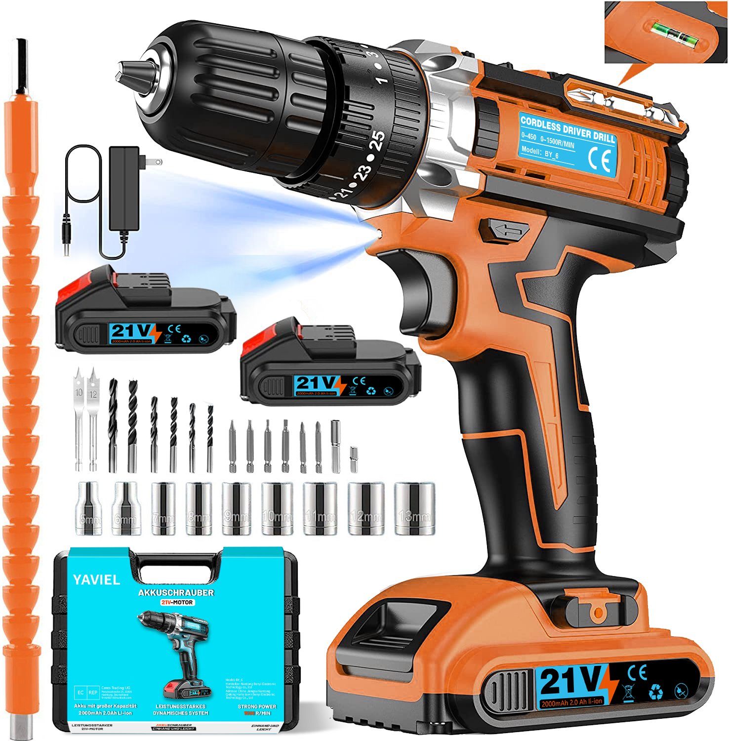 Yaviel Akku-Schraubendreher Akkuschrauber Set Bohrmaschinen Akku Schlagbohrschrauber Bohrschrauber, Universal Drill 21 V Batterien, 450 U/min, 45 Nm, Drehmoment, 2-Gang