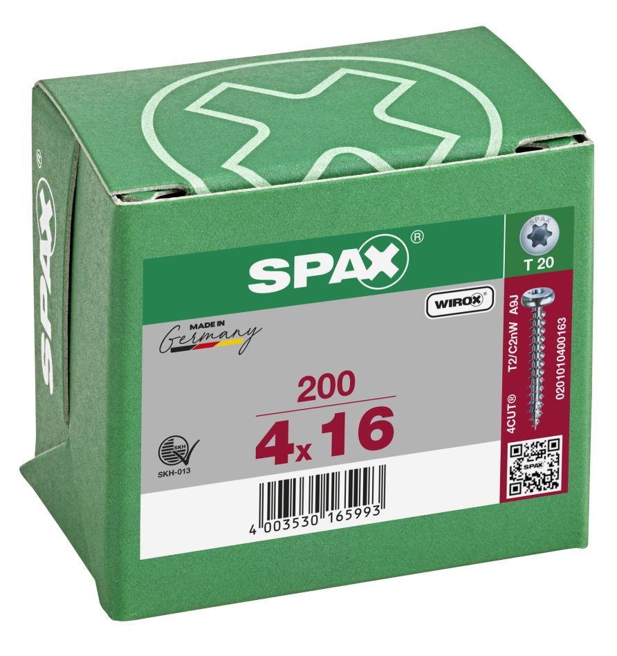 SPAX 0201010400163 Universalschraube 4 x 16 mm, Vollgewinde, Rundkopf, T-STAR plus T20 – 200 Stück