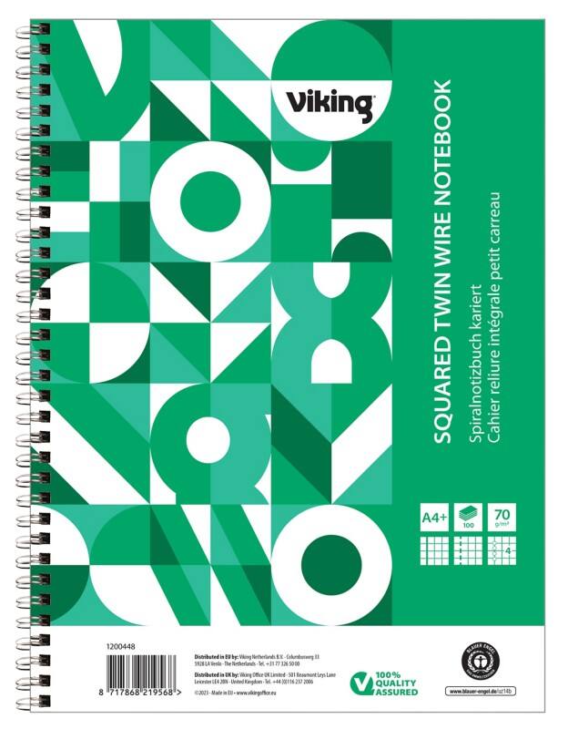 Viking Notizbuch DIN A4  Kariert Doppeldraht Seitlich gebunden Papier Softcover Grün Perforiert 200 Seiten
