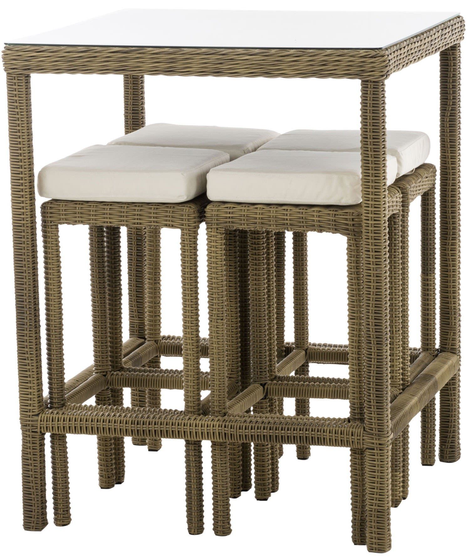 TPFGarden Gartenbar-Set Alina - aus 5mm Polyrattan und Aluminium-Gestell, (Stehtisch-Set mit 4 Hockern und Kunstlederauflagen, Gartenlounge-Set - wasserfest, pflegeleicht und UV-beständig), Maße (TxBxH): Tisch 84 x 84 x 110,5cm - Hocker 37 x 37 x 74,