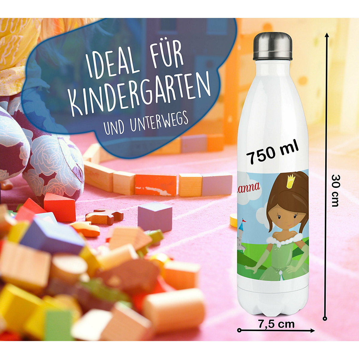 Edelstahl Kinder Thermoflasche / Trinkflasche bunt Prinzessin Spülmaschinenfest, Auslaufsicher, Bruchfest, Doppelwandig, Für Heißgetränke geeignet, Mit Deckel, Isoliert