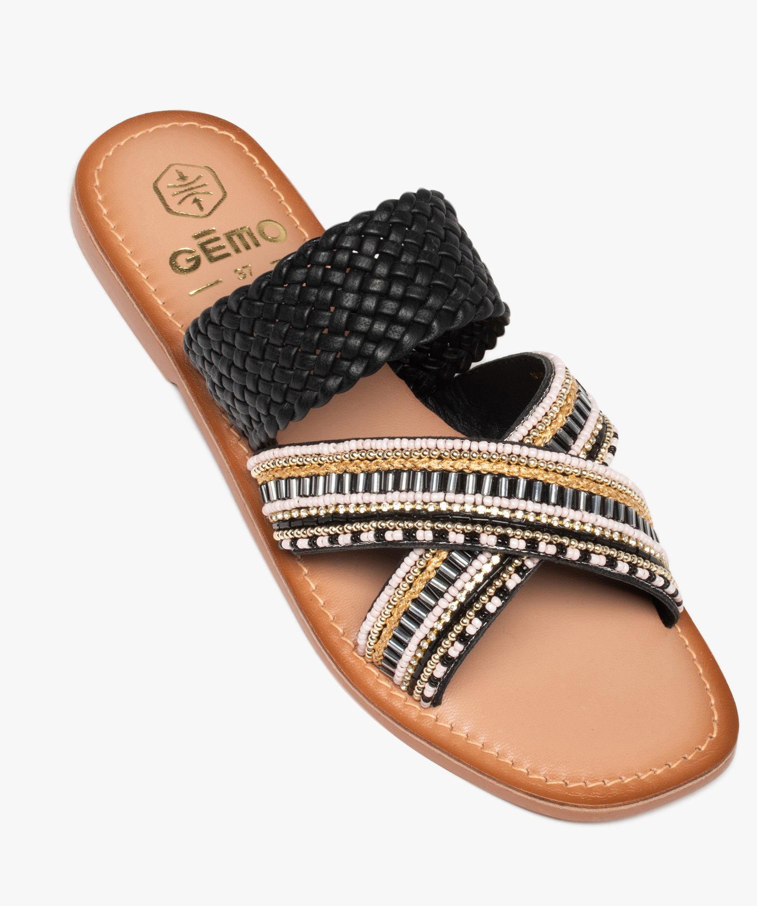 Mules femme à talon plat et brides perlées noir | GEMO