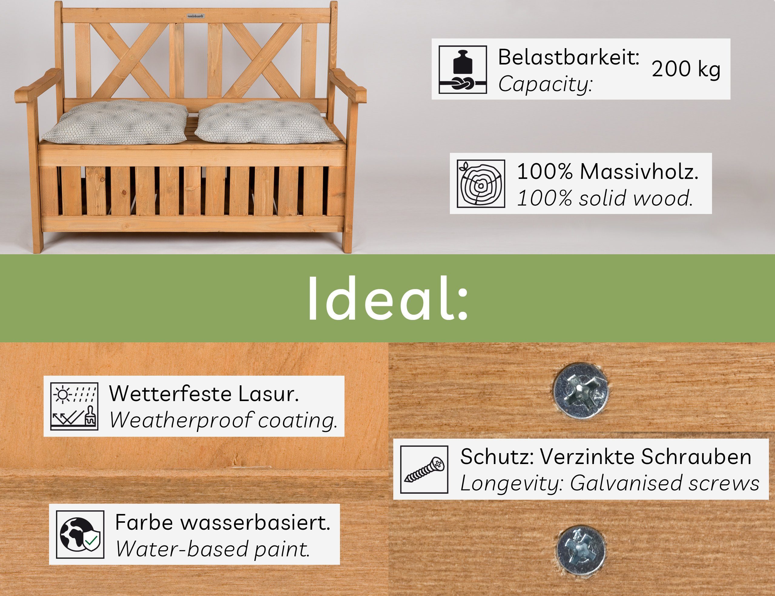 needs&wants® Gartenbank Holz wetterfest mit Stauraum, Truhenbank Holzbank Sitzbank Truhe braun