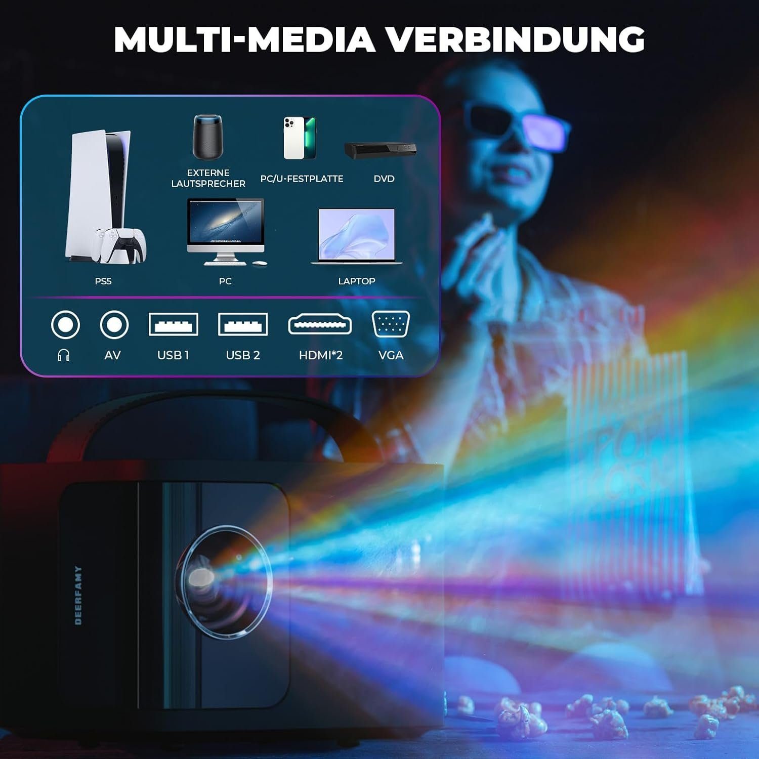 DEERFAMY 1080P 4K unterstützt ±40° Trapezkorrektur Portabler Projektor (15000 lm, 15000:1, Maximal 120