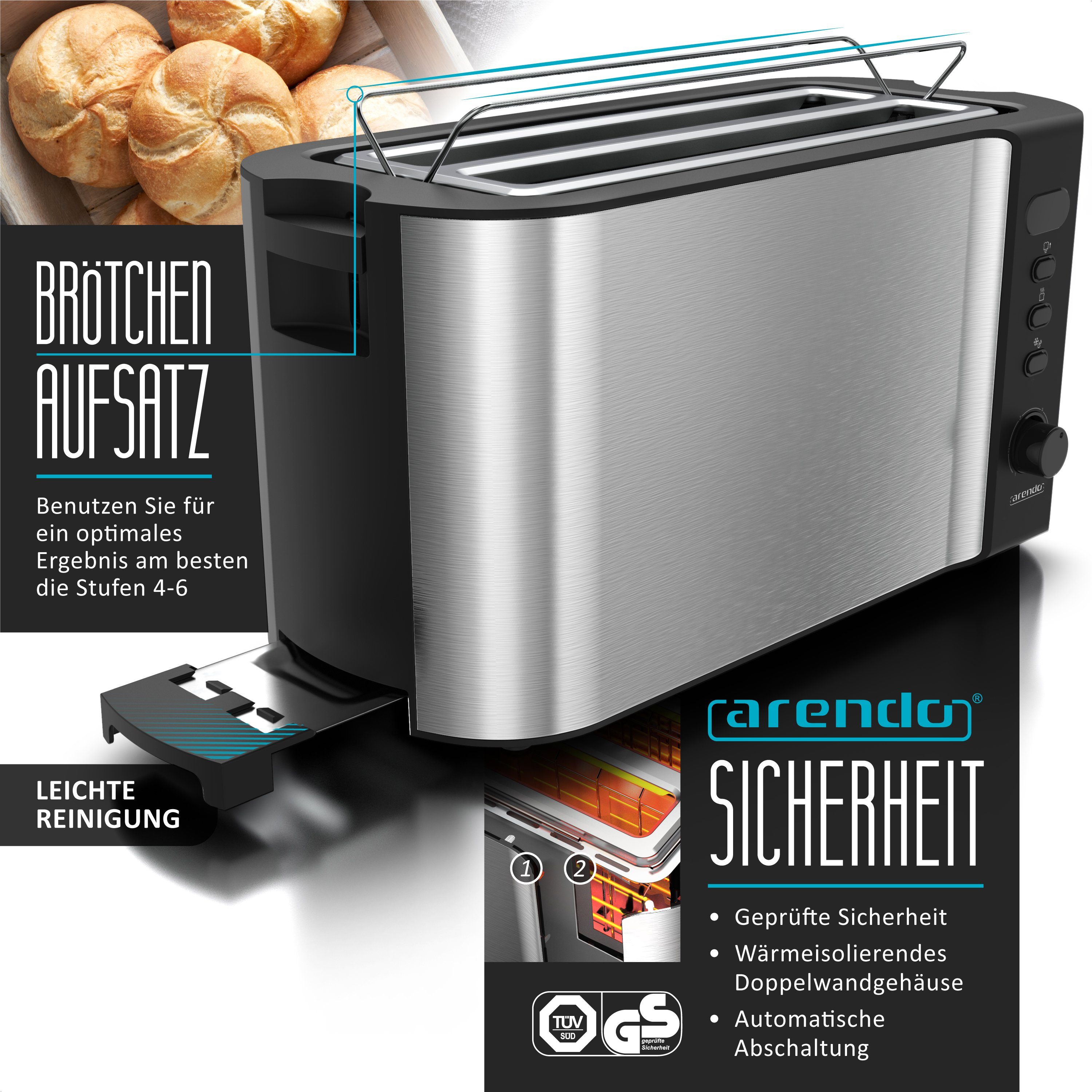 Arendo Frühstücks-Set (2-tlg), Edelstahl Wasserkocher 1,5l, 4-Scheiben Langschlitz Toaster, Silber