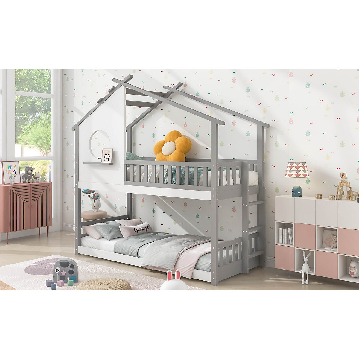 Etagenbett mit rechtwinkliger Leiter, mit Fallschutz und Barriere, Kiefernholz