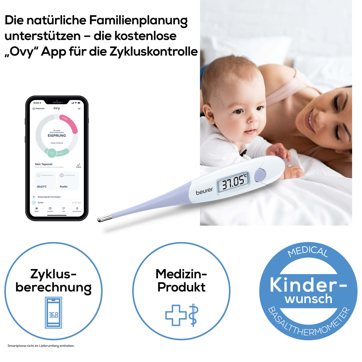 Beurer Basalthermometer OT 20-Basalthermometer für Schwangerschaft oder Zyklustracking - kompatibel mit „Ovy“ App