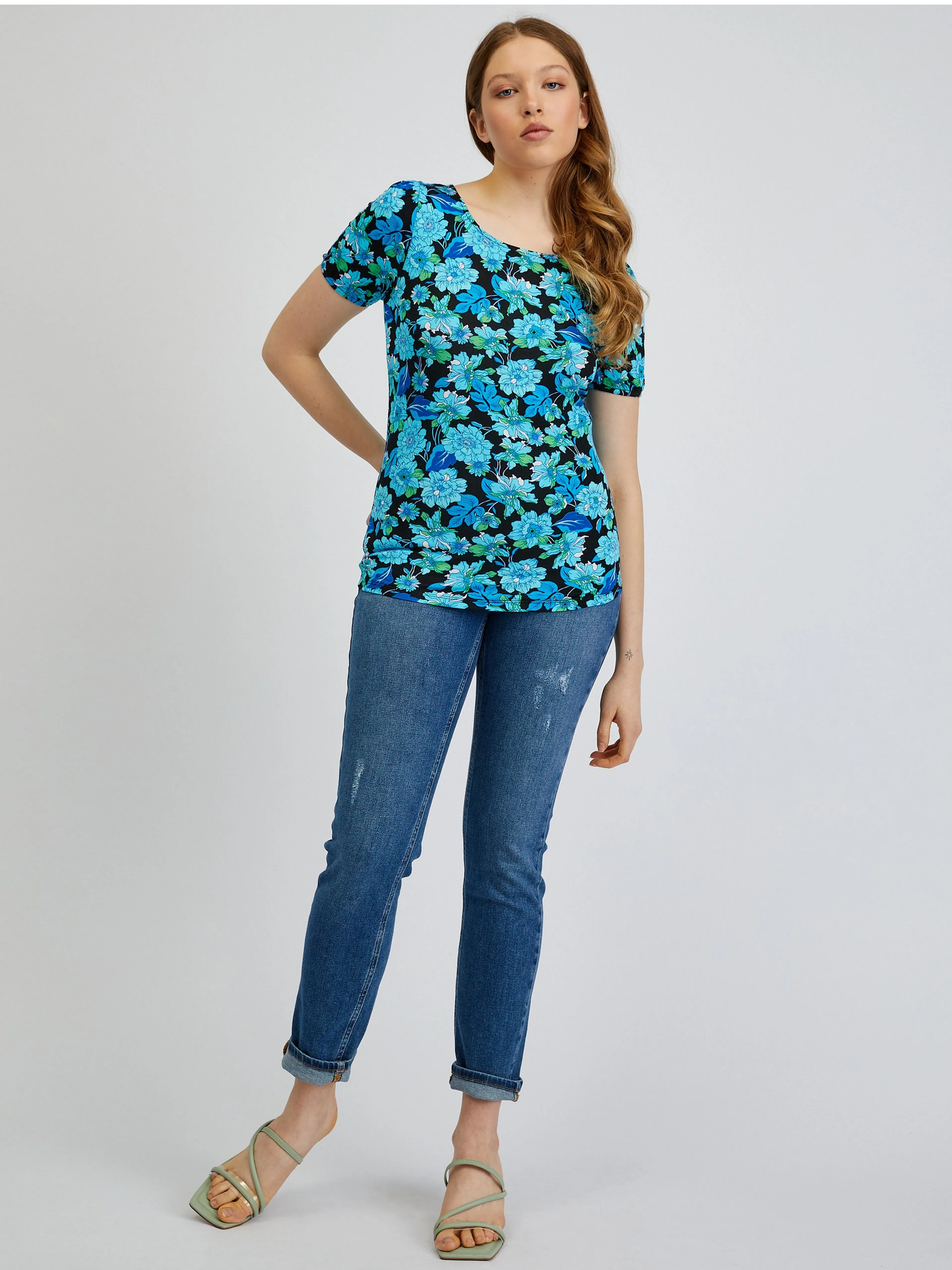 Blau-schwarzes Damen-Blumen-Shirt ORSAY