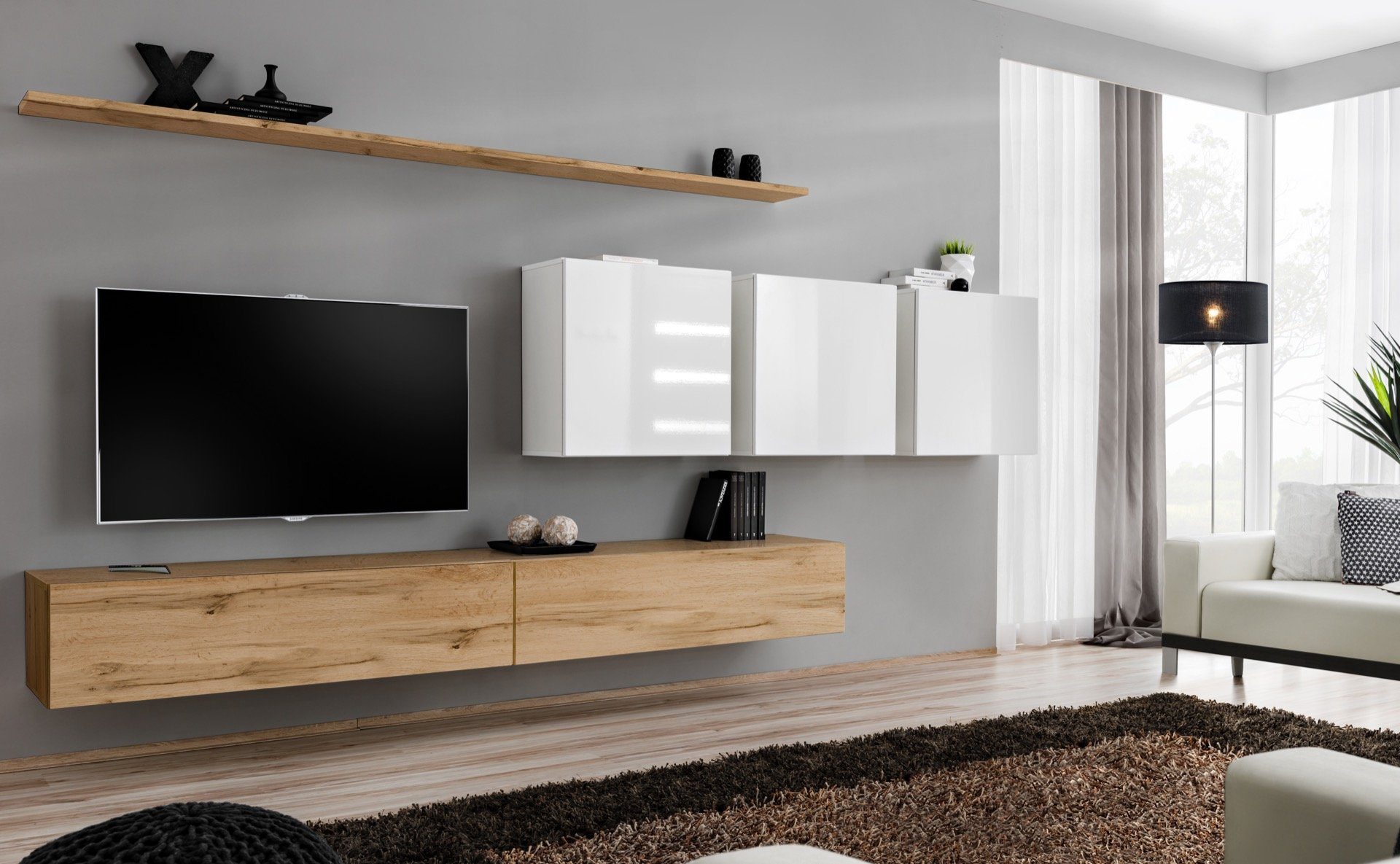 Stylefy Wohnwand Swotch VII, (Wohnmöbel, Wohnzimmer-Set, Set (7-St), bestehend aus 2xLowboard, 3xHängeschrank, 2xWandboard, Modern, Hochglanzfronten, variabel hängbar, mit Push-to-Open, aus Holzwerkstoff