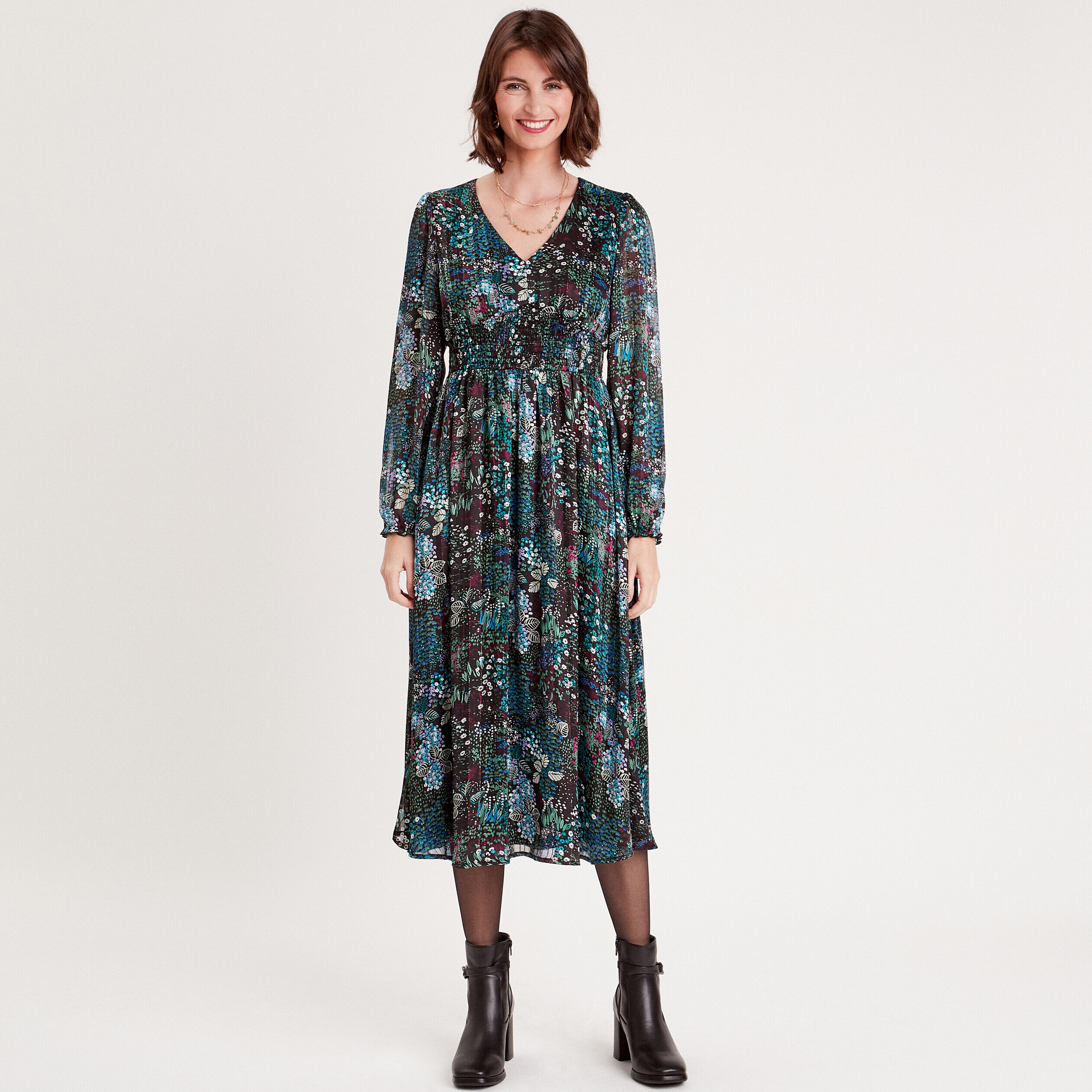 Robe longue évasée plissée noir femme | Cache Cache