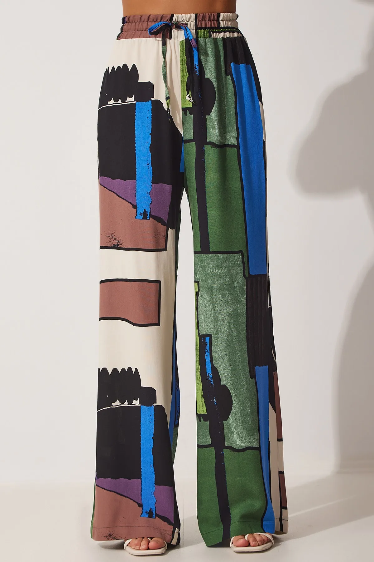Happiness İstanbul  Damen-Sommerhose aus lockerer Viskose in Grün-Braun mit Muster MX00089