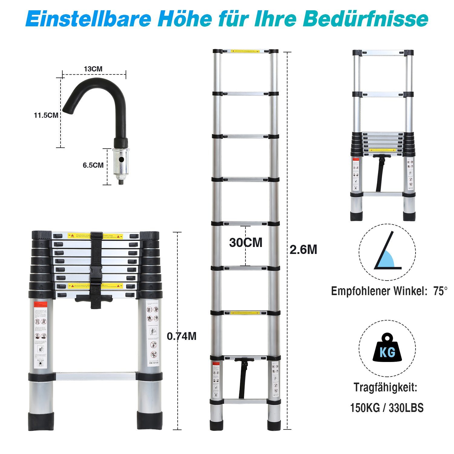 Yakimz Teleskopleiter Teleskopleiter Alu 2.6m Ausziehleiter Anlegeleiter mit haken Silber