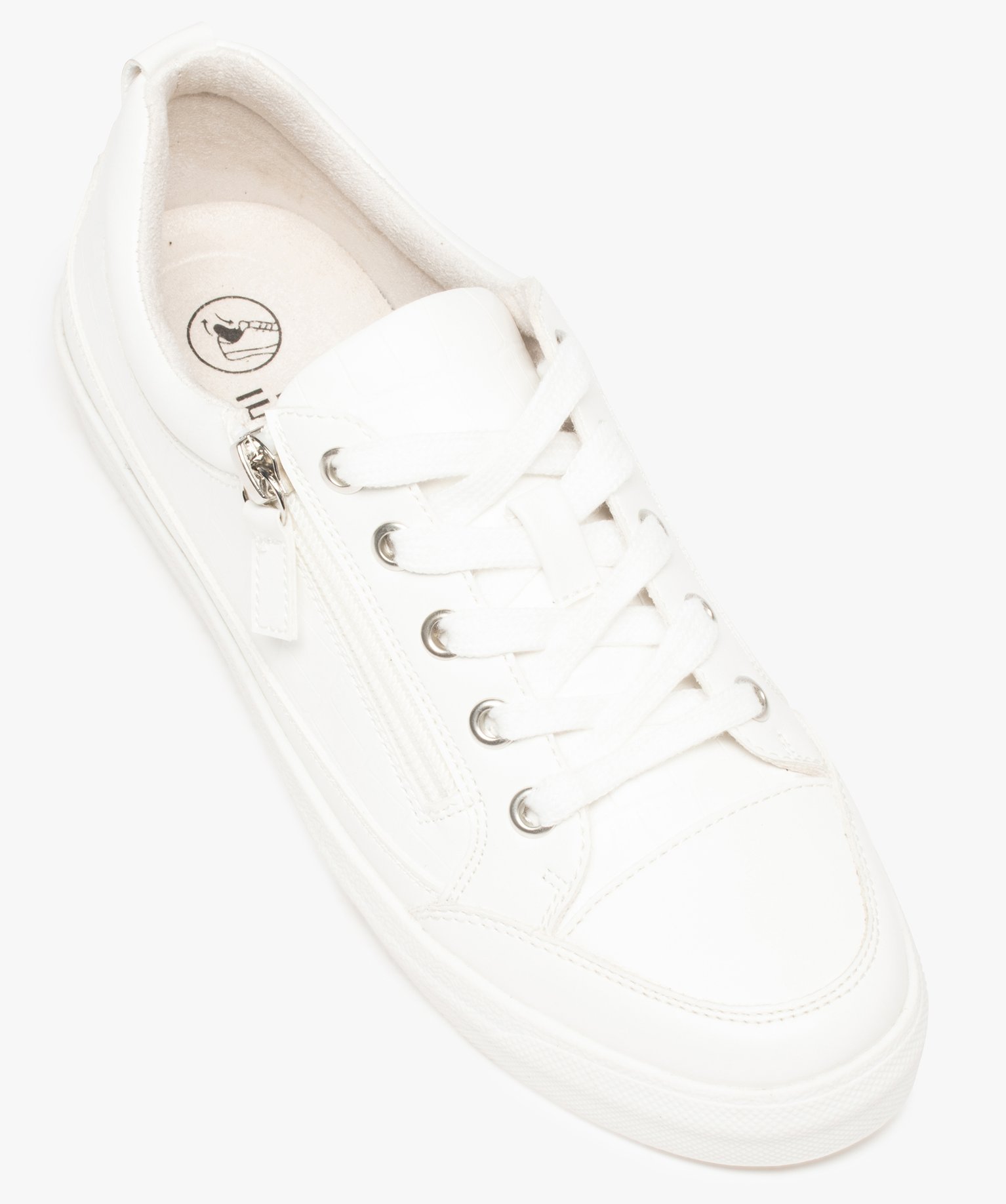 Baskets femme unies à lacets et zip motif croco blanc | GEMO