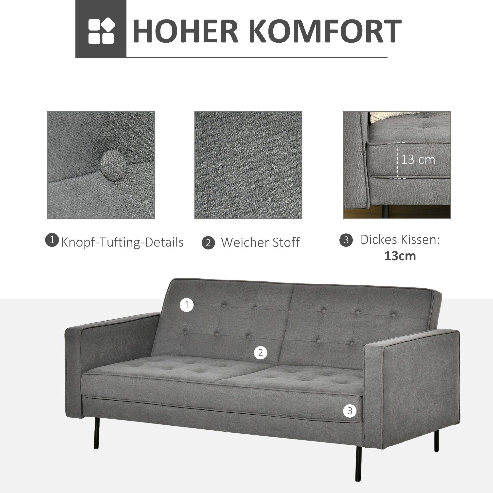 HOMCOM Schlafsofa Schlafsofa, Set 1 Teile, Schlafsofa 3-Sitzer verstellbarer Bettsofa Grau