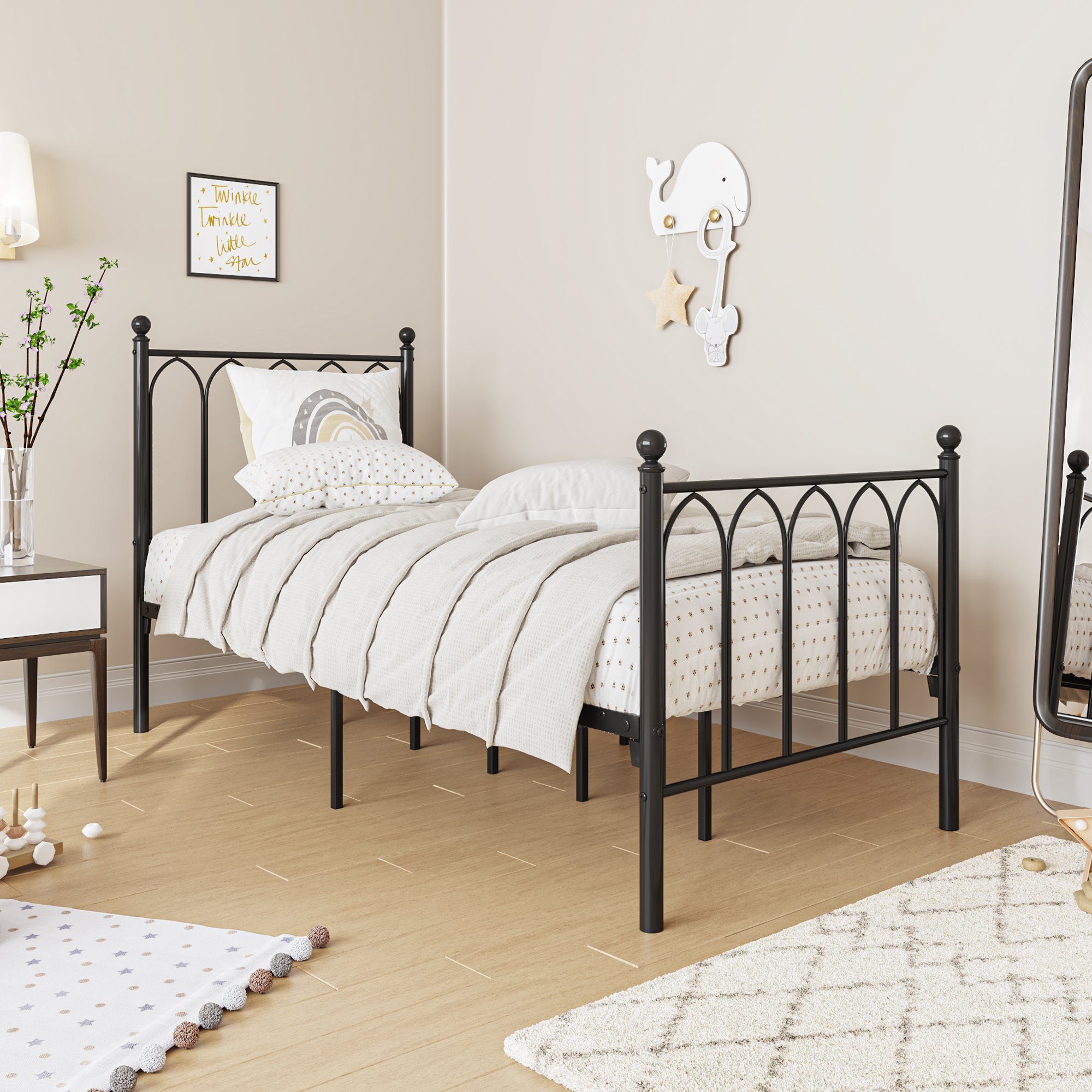 WISHDOR Metallbett Metallbett Einzelbett Jugendzimmer mit Lattenrost ohne Martatze (Schwarz 90x190cm), Klassisch & Romantisch, mit Lattenrost Ohne Martatze, für Schlafzimmer