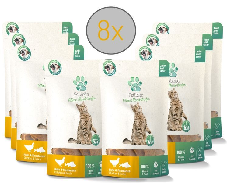 Fellicita Snacks Fellicita Huhn & Flussbarsch Fleischstreifen 8x 50g Fellonis Katzensnacks