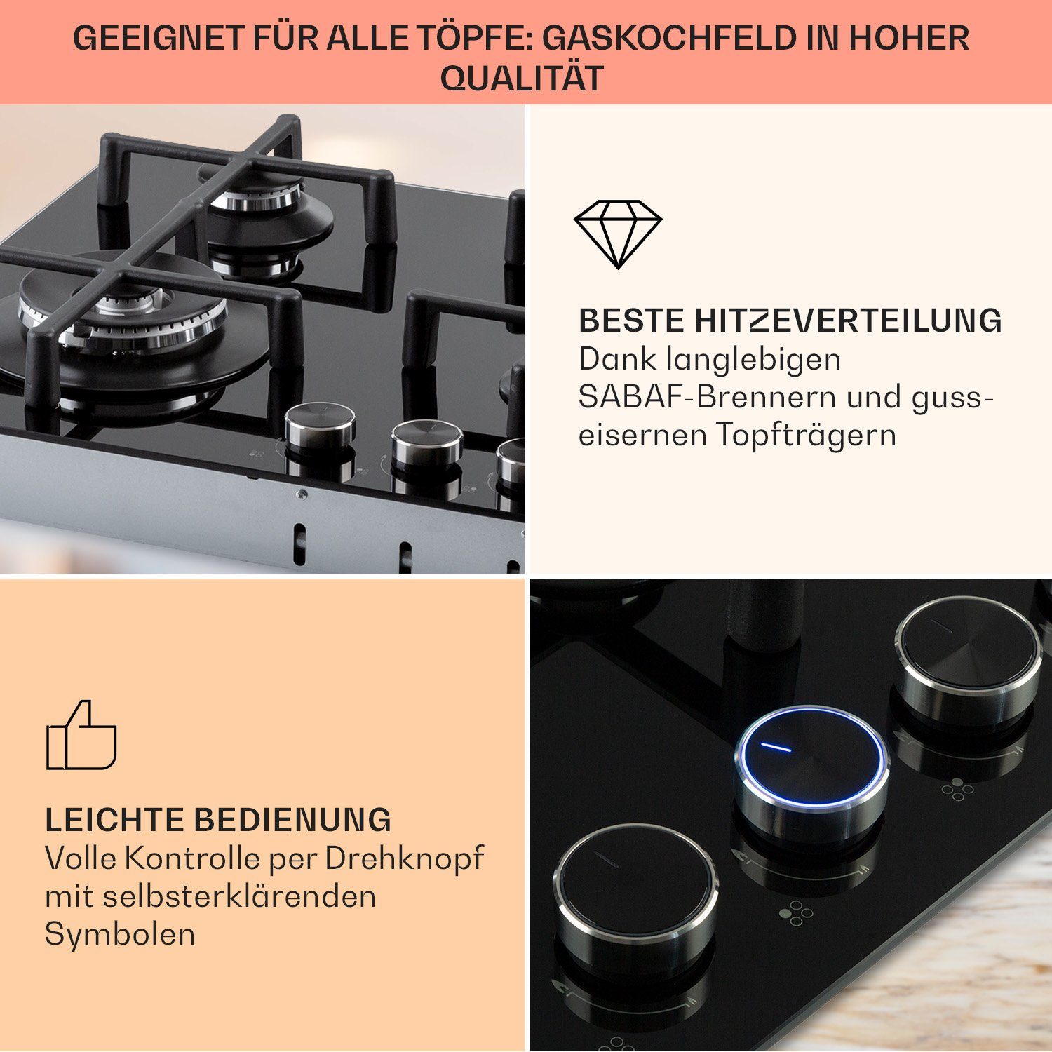 Klarstein Gas-Kochfeld Illuminosa 4 Gaskochfeld 4-flammig Sabaf-Brenner Glaskeramik CGCH6-Illuminosa-4, 4 flammen brenner Kochfelder Gaskochfelder