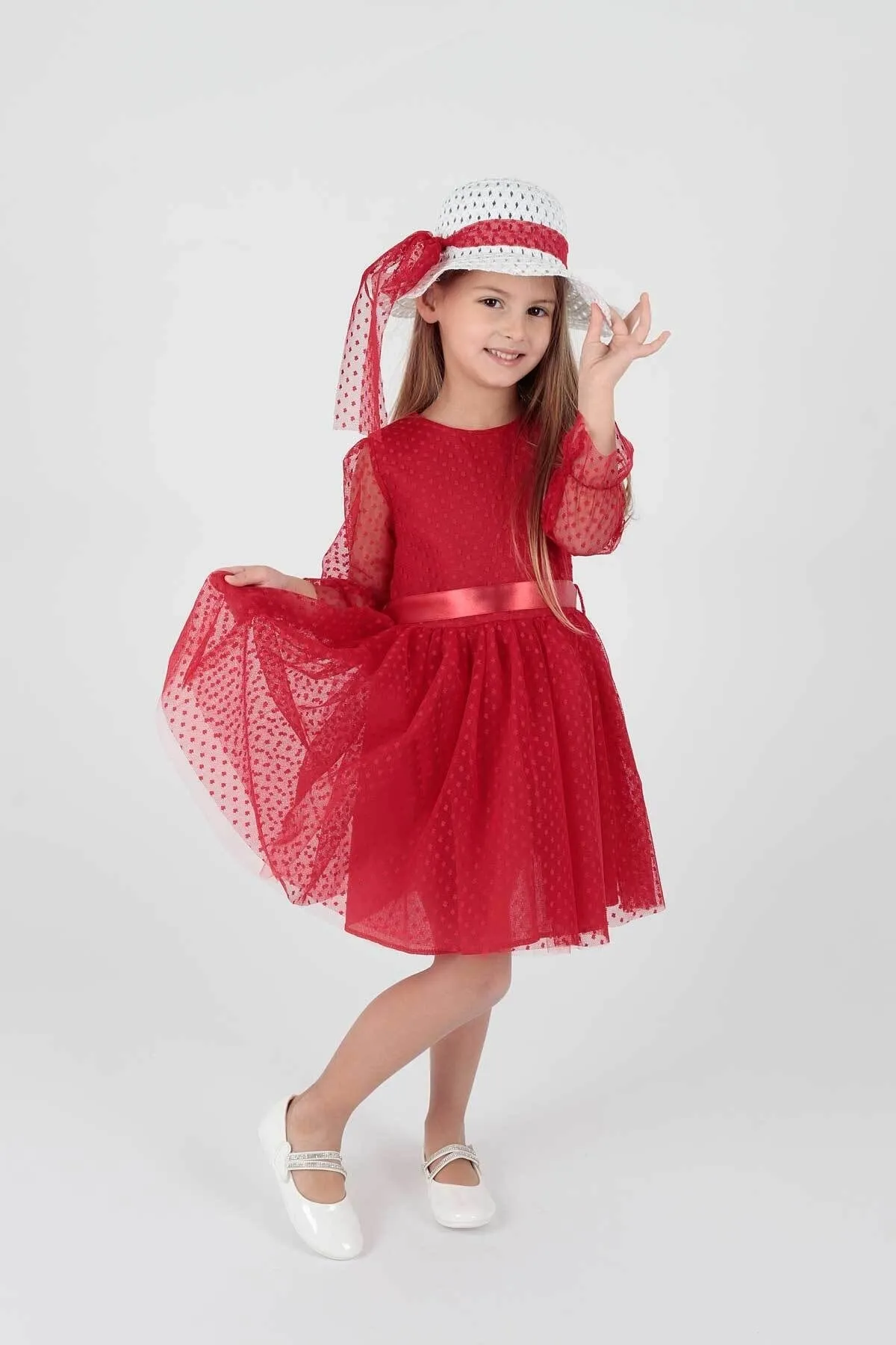 AHENGİM  Trendiges Abendkleid für Mädchen mit Hut und Tüllspitze Ak2228