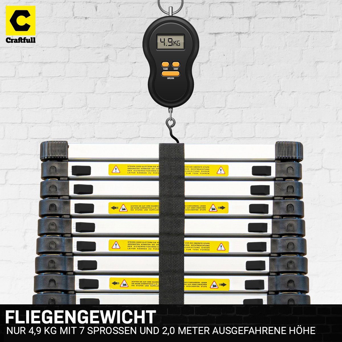 Craftfull Teleskopleiter Alu Leiter CF-101B - 3 J. Garantie - 2 - 4.4 m - Soft-Close-Funktion (inkl. Tragetasche - 150 kg Traglast - Alu Stehleiter bis 150 kg - Anlegeleiter - Trittleiter - Wandleiter - Arbeitsbühne - Multigerüst - Haushaltsleiter -
