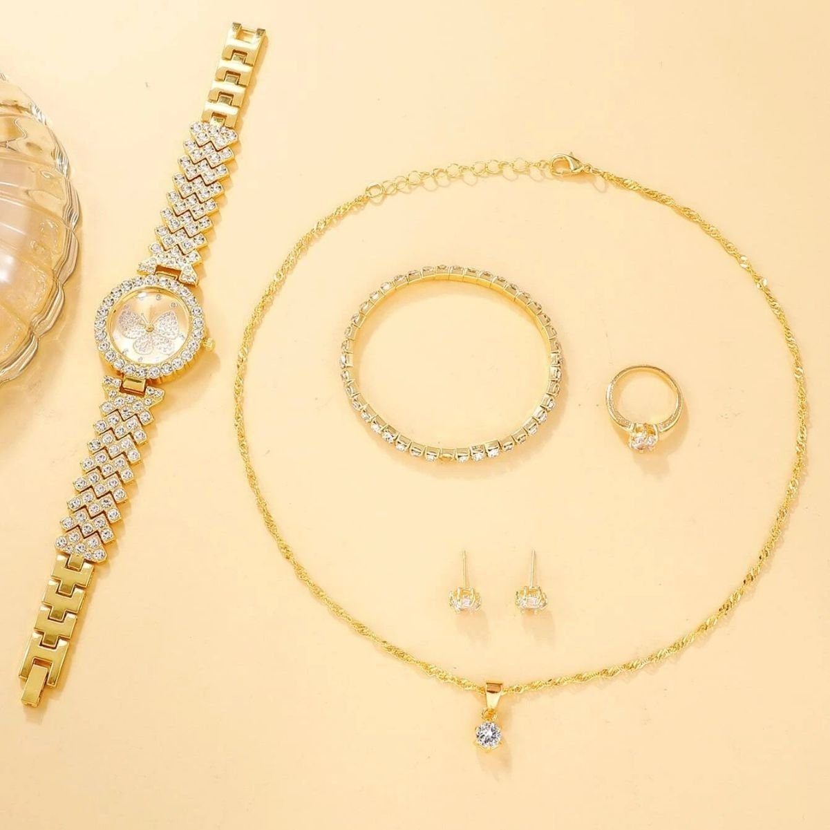 KUGI Quarzuhr 5pcs Damenuhr Set Damen Halskette aus Metall Ohrringe, (Quarzuhr, Diamanthalskette, Diamantarmband, zwei Diamantohrstecker und ein Diamantring Modeaccessoires, die zu verschiedenen Kleidungsstilen und Taschen getragen werden können, Die
