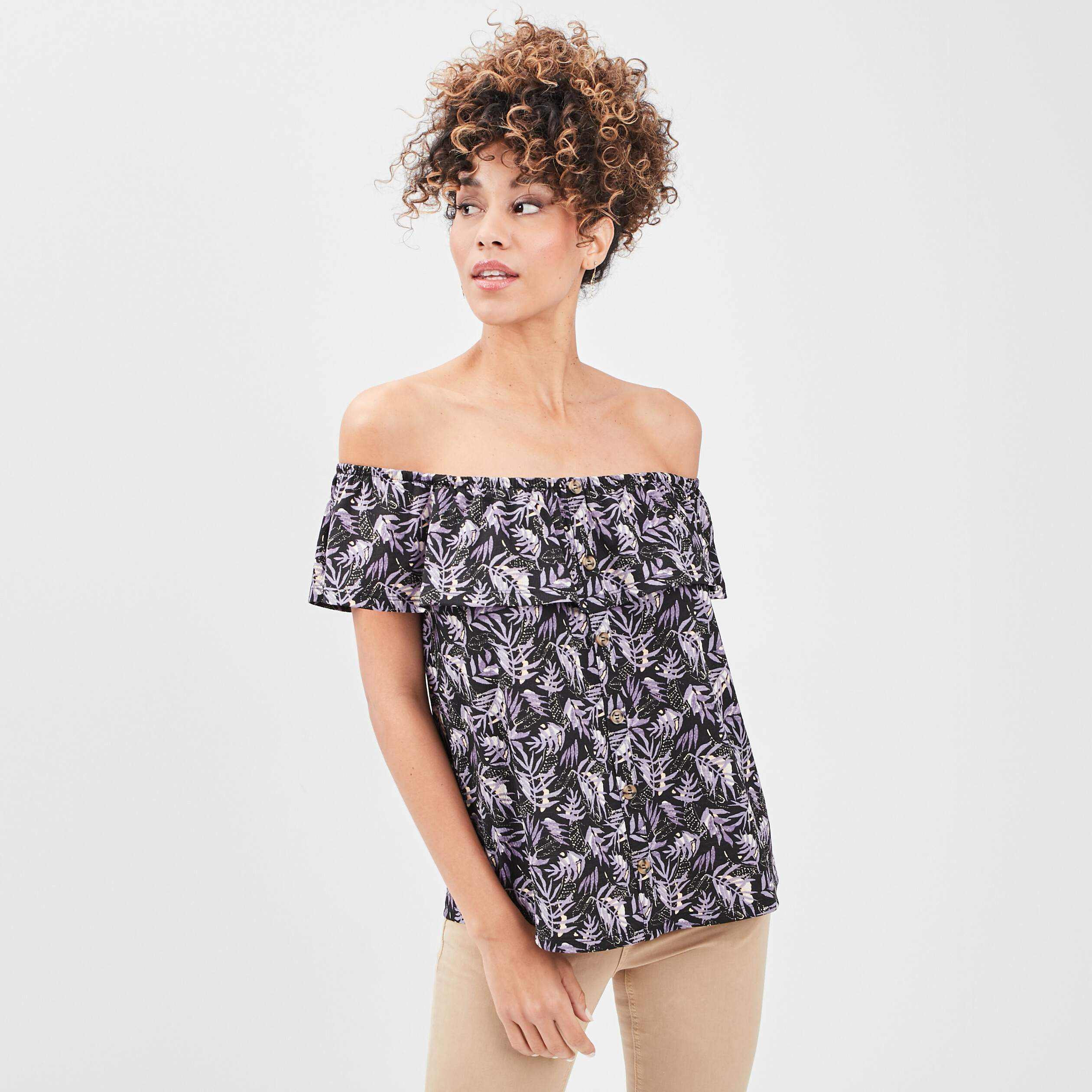 T-shirt col bardot manches courtes noir femme | La Halle