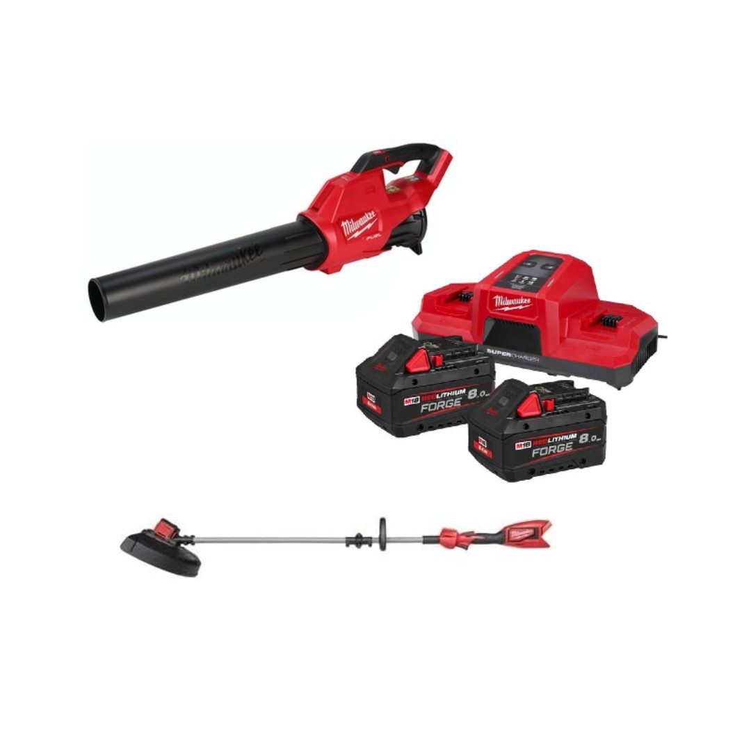 Soprador de folhas e aparador de bordas sem fio Milwaukee 4933500229 M18 Combipack com 2 baterias de 18V 8.0Ah e carregador.