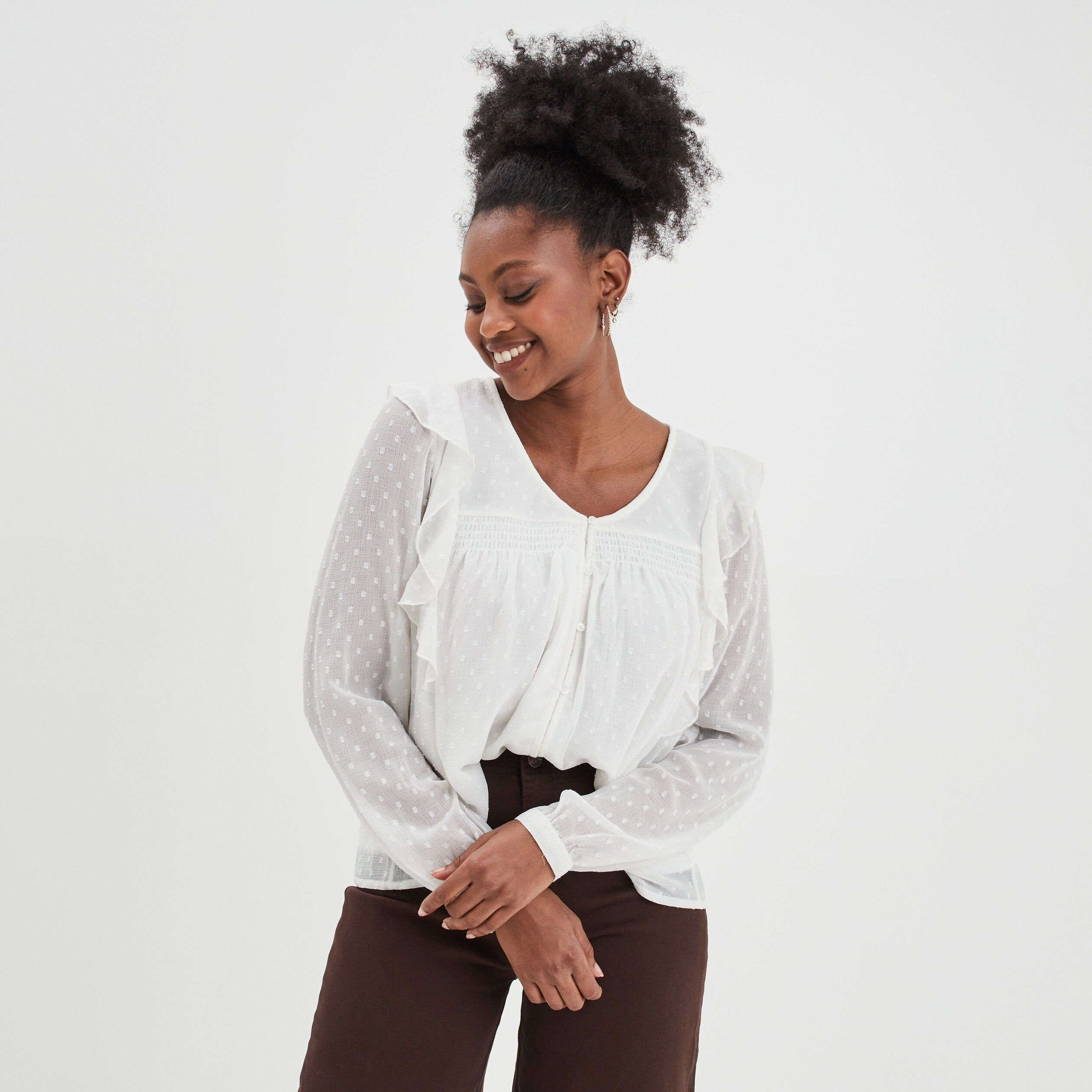 Blouse col en V à volants blanc femme | La Halle