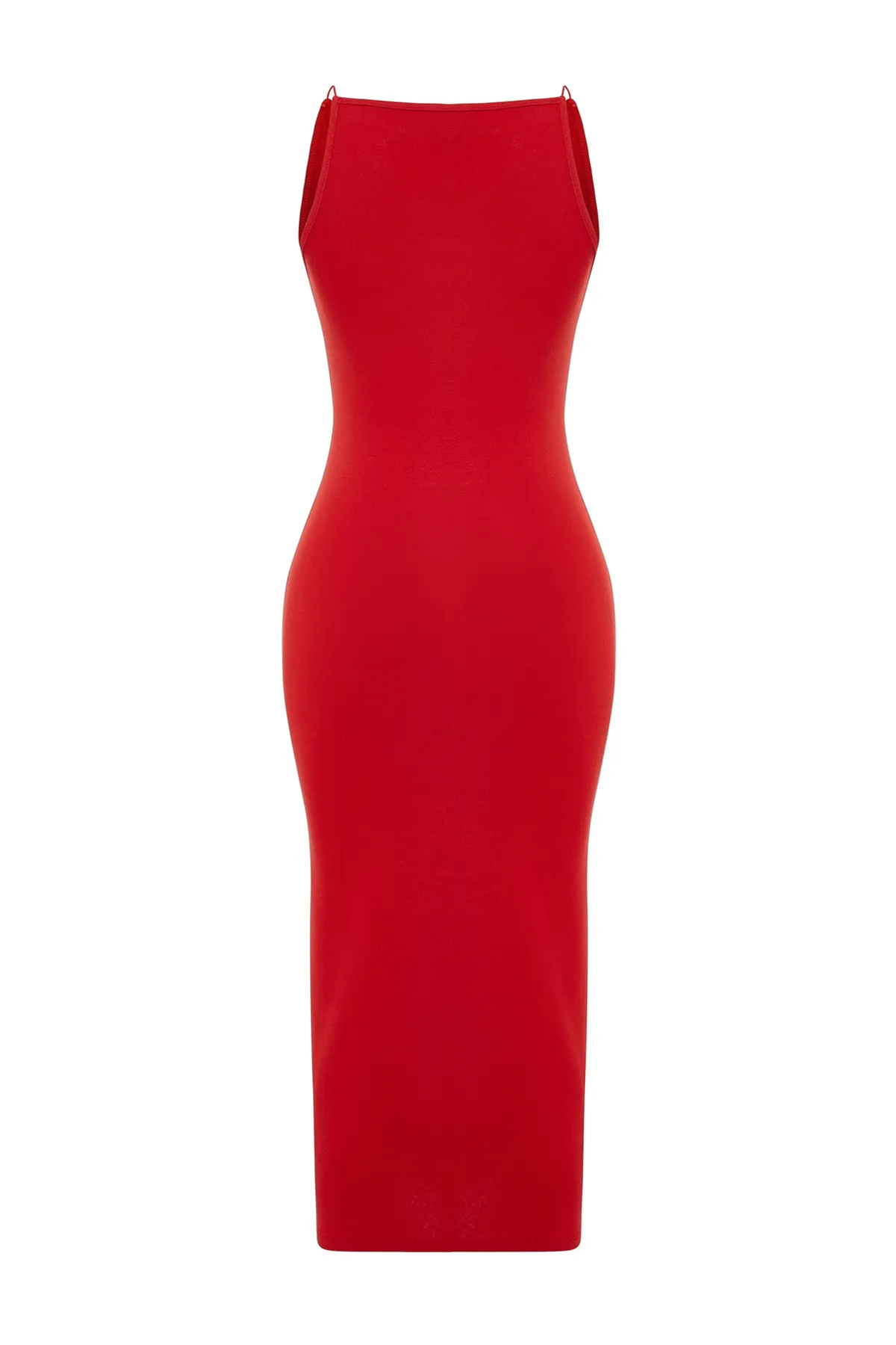 Trendyol Collection  Rotes, tailliertes Neckholder-Midi-Bleistiftkleid aus geripptem, flexiblem Strick TWOSS24EL00020