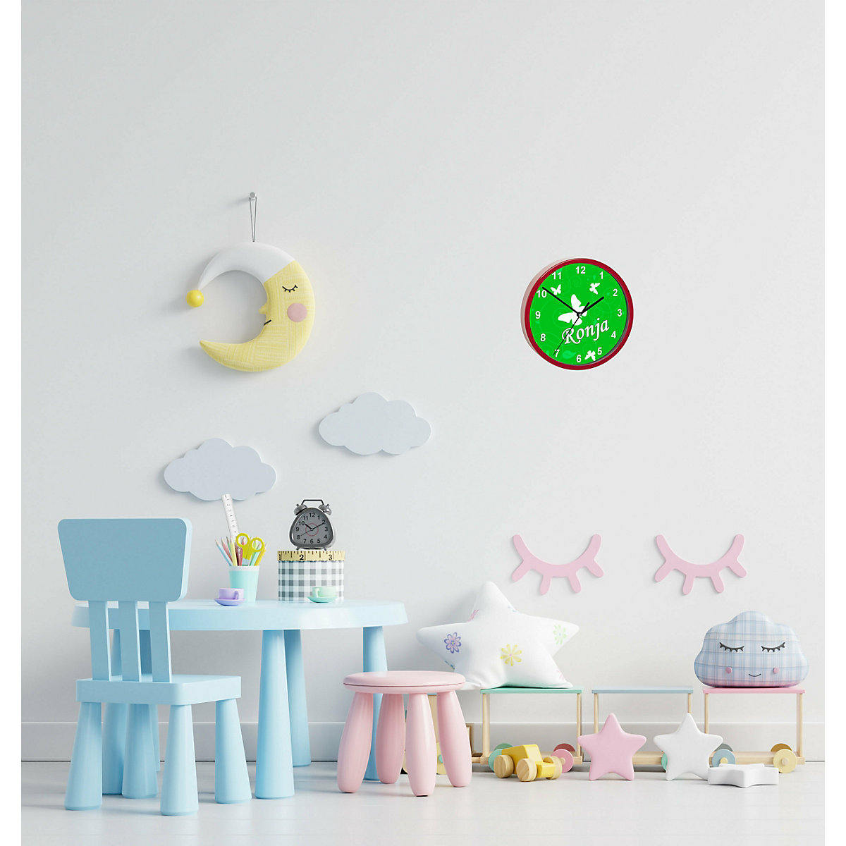 Kinder Wanduhr personalisiert mit Name Schmetterling Ornamente grün