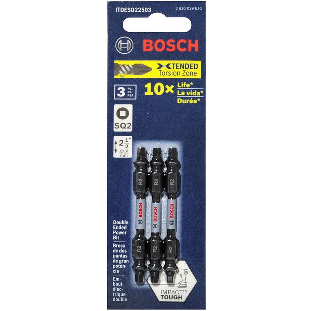Conjunto de 3 pontas de chave de impacto duplas BOSCH R2 x 65 mm, Robertson/quadrada, resistentes a impactos.