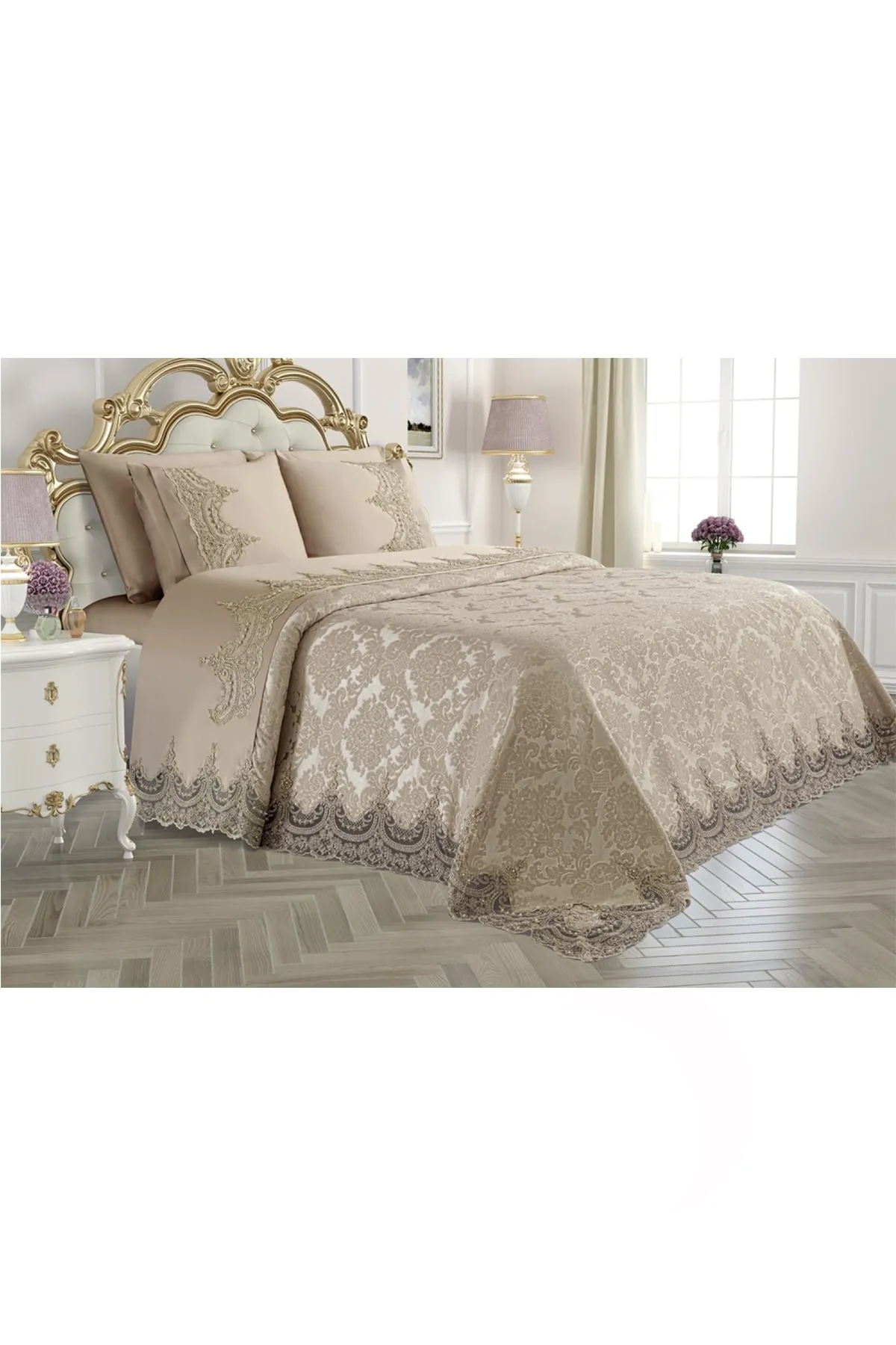 Çeyiz Diyarı  Mitgift-Piqué-Set mit französischer Spitze, Arus Beige
