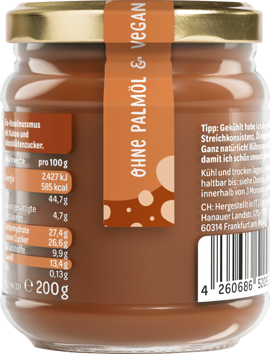 Haselnussmus, \Happy Hazel\ Feelgood Spreads, Haselnuss Kakao, 200 g