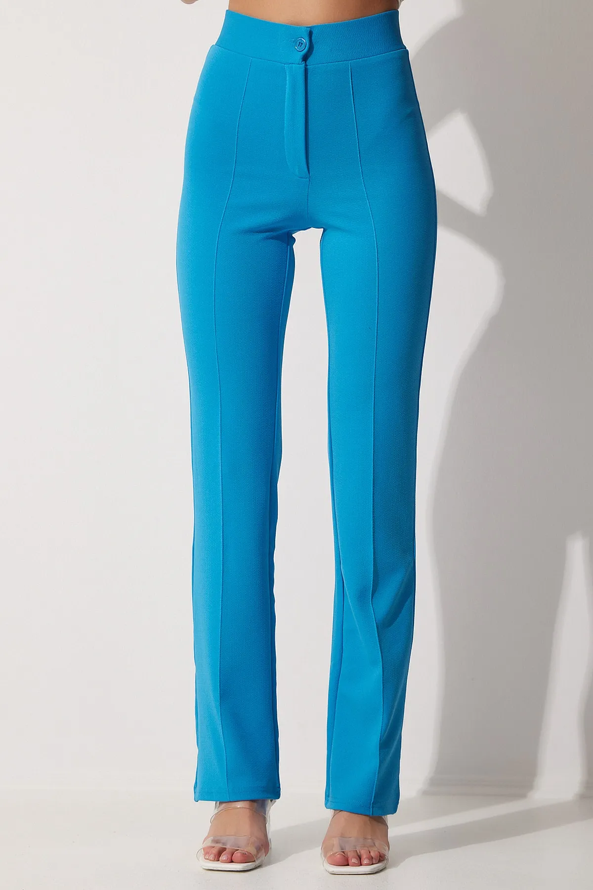 Happiness İstanbul  Blaue bequeme Strickhose aus Lycra mit hoher Taille für Damen RV00090
