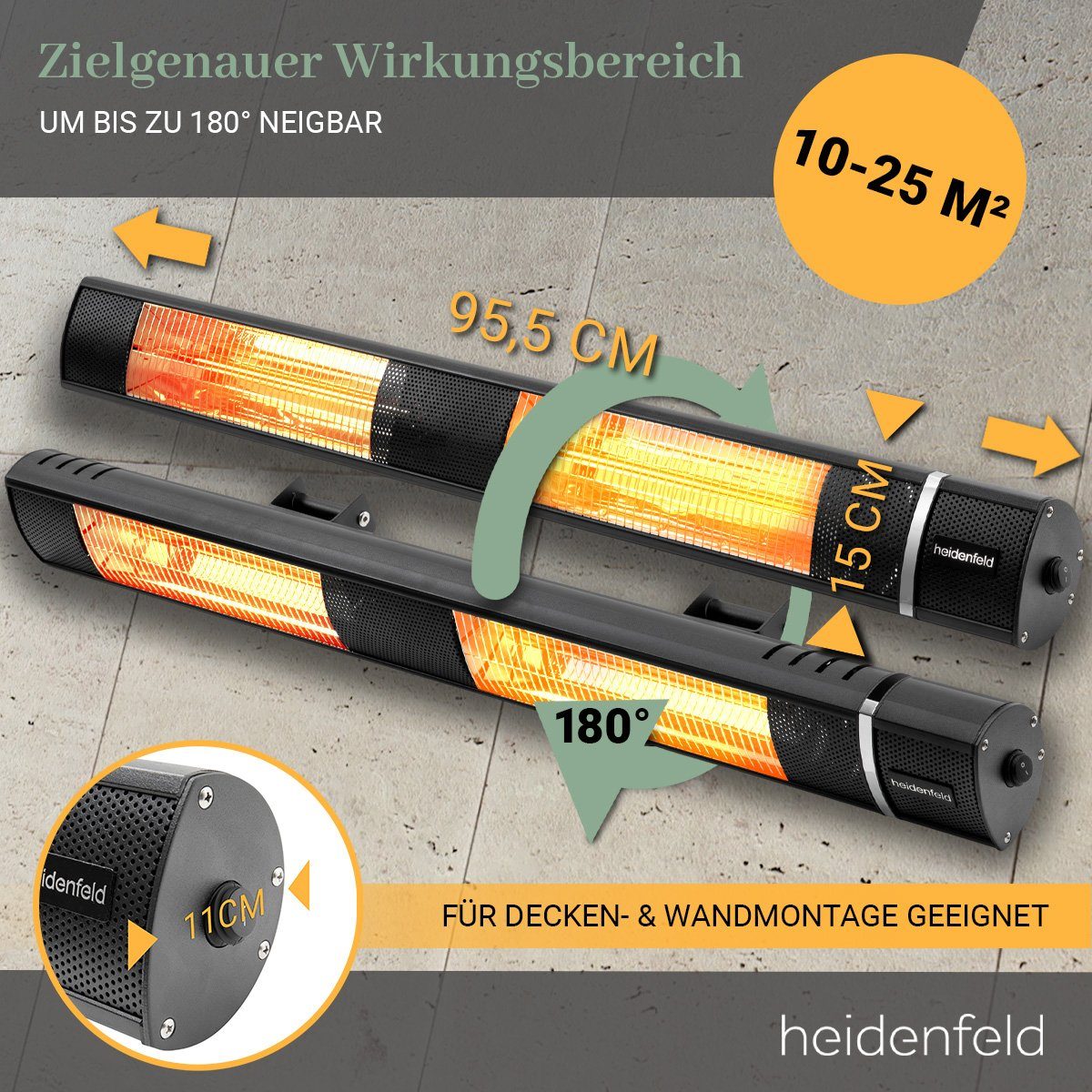 Heidenfeld Heizstrahler Elektroheizung IH110 für Terrasse, bis 3.000 Watt 3 Jahre Garantie, 3000 W, 3 Heizstufen - Fernbedienung - 180° neigbar - Infrarotheizstrahler