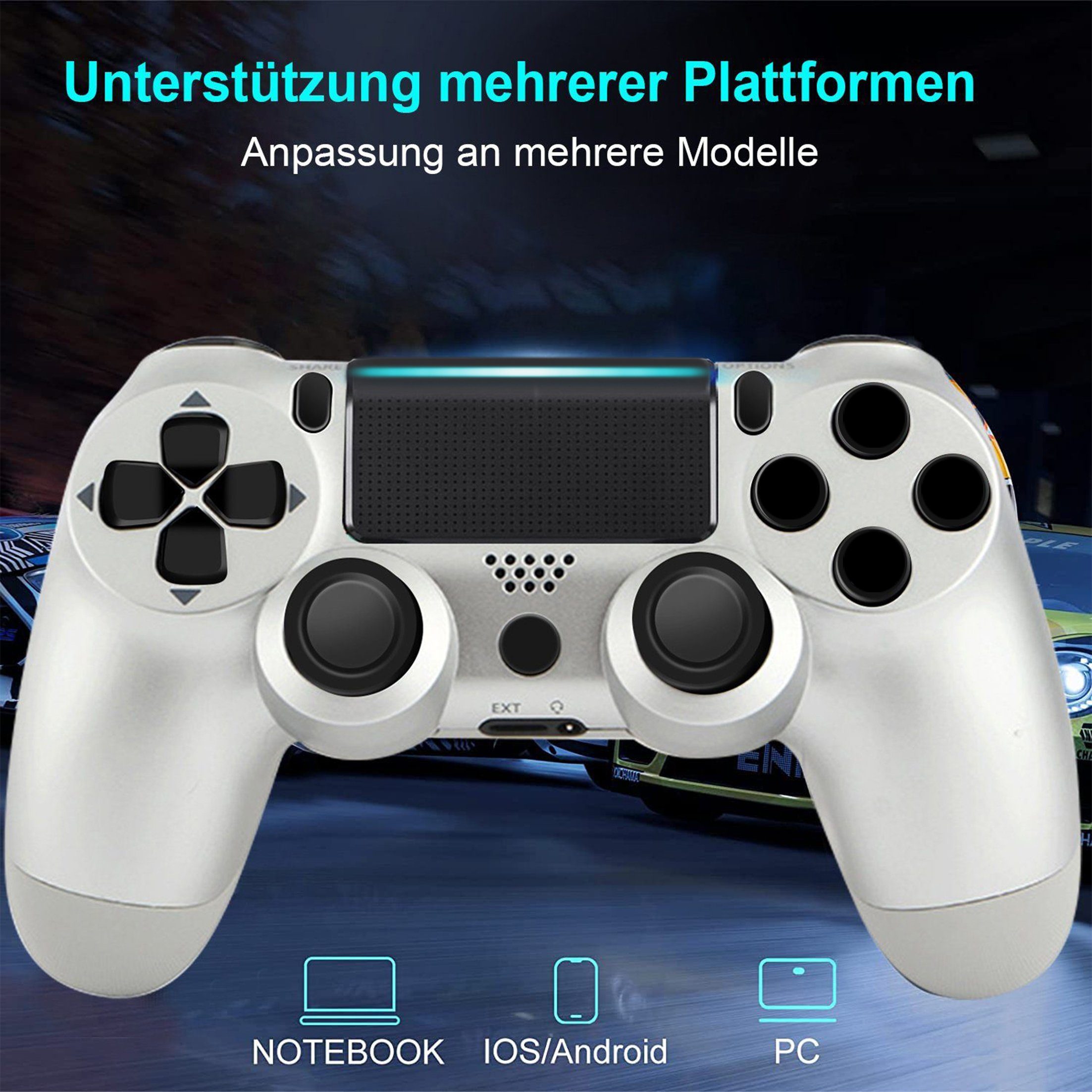 KINSI Wireless Gamepad, Controller, für PS4, Bluetooth, Silber-Grau PlayStation 4-Controller