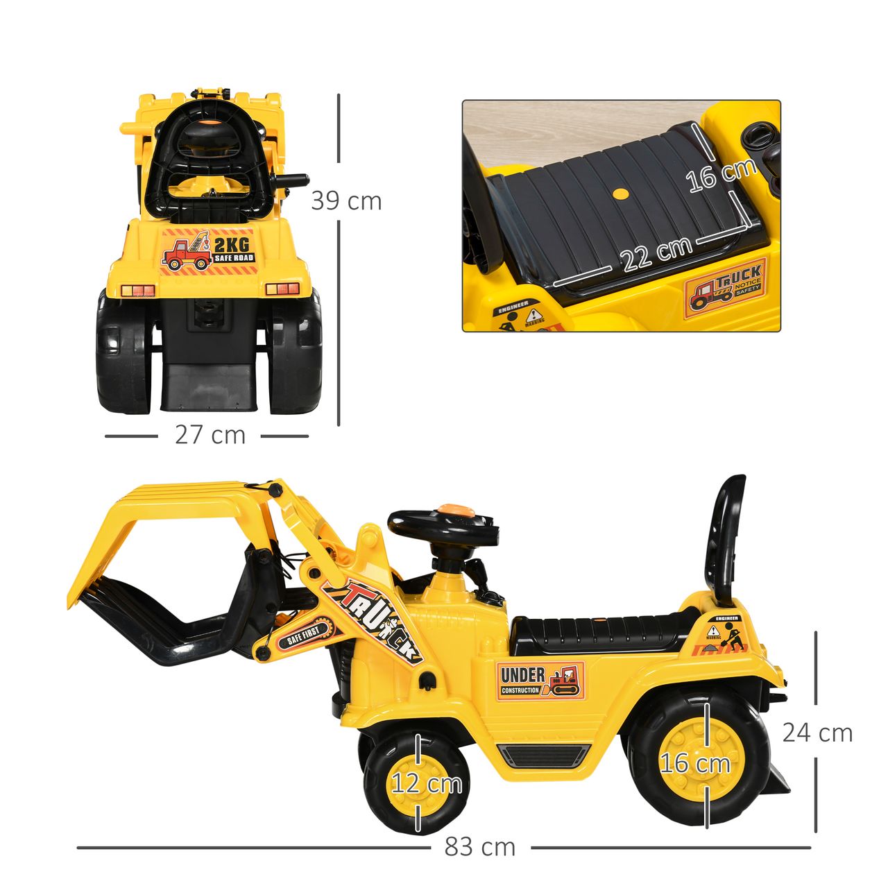 HOMCOM Sitzbagger Aufsitzbagger mit Schaufel, Hupe, für Kinder 3-4 Jahre