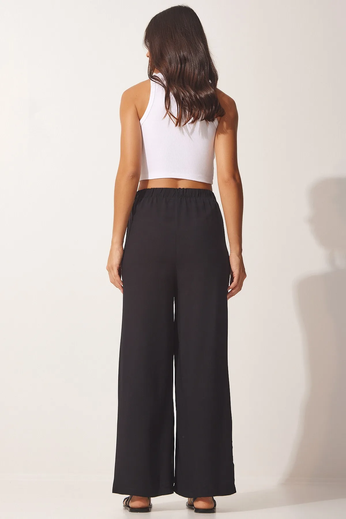 Happiness İstanbul  Schwarze Palazzo-Hose aus Baumwollviskose für Damen BV00076