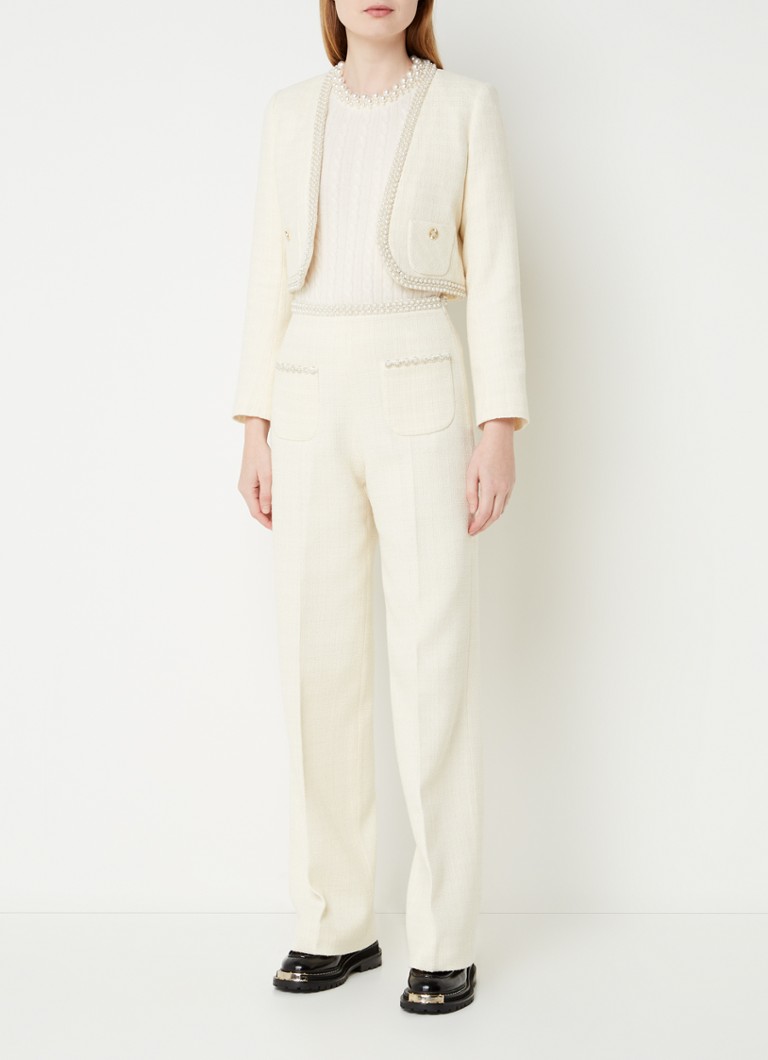 Pantaloni Sandro cu croială dreaptă și talie înaltă, cu efect tweed și imitații de perle.