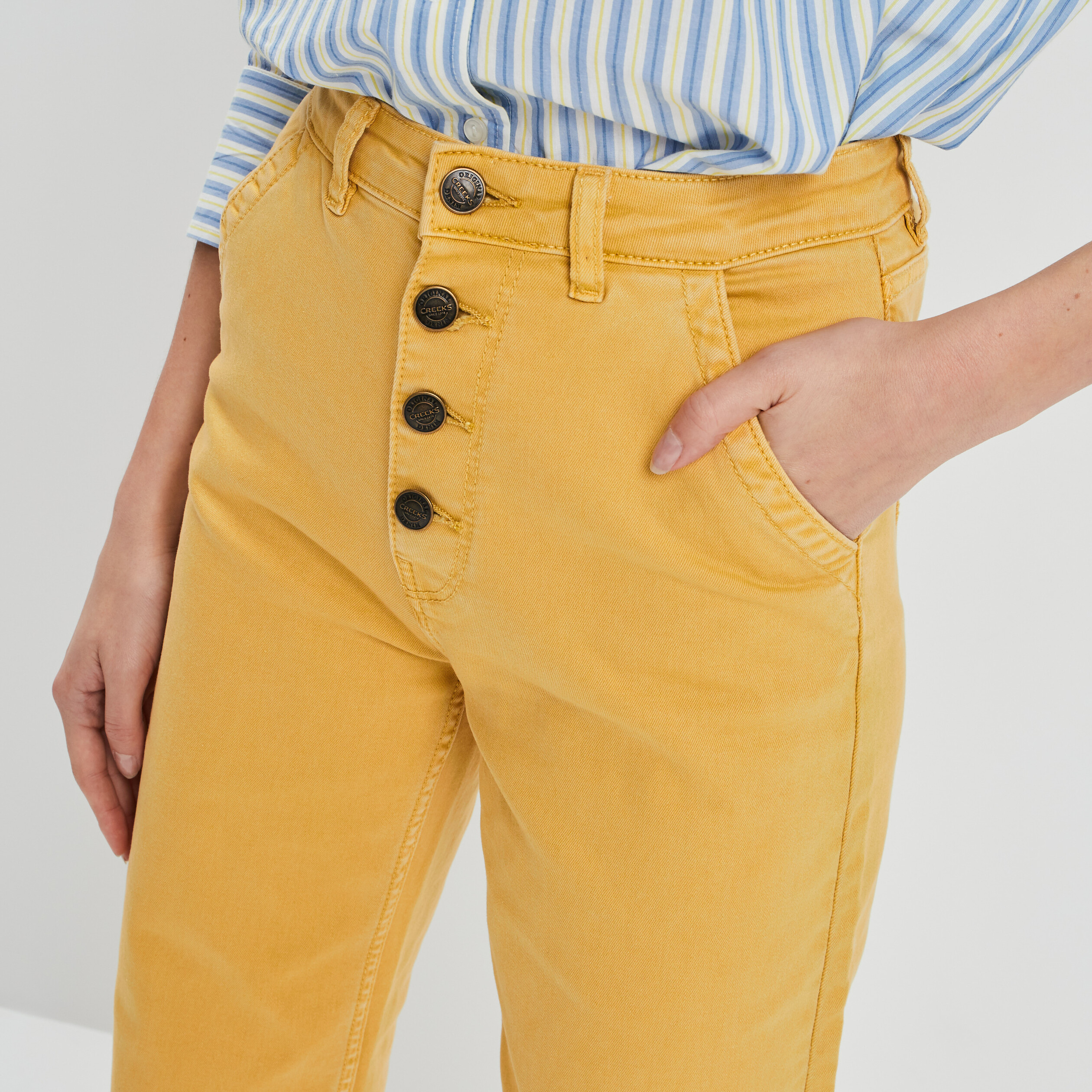 Pantalon jambe large 7 8ème boutonné jaune moutarde femme | La Halle