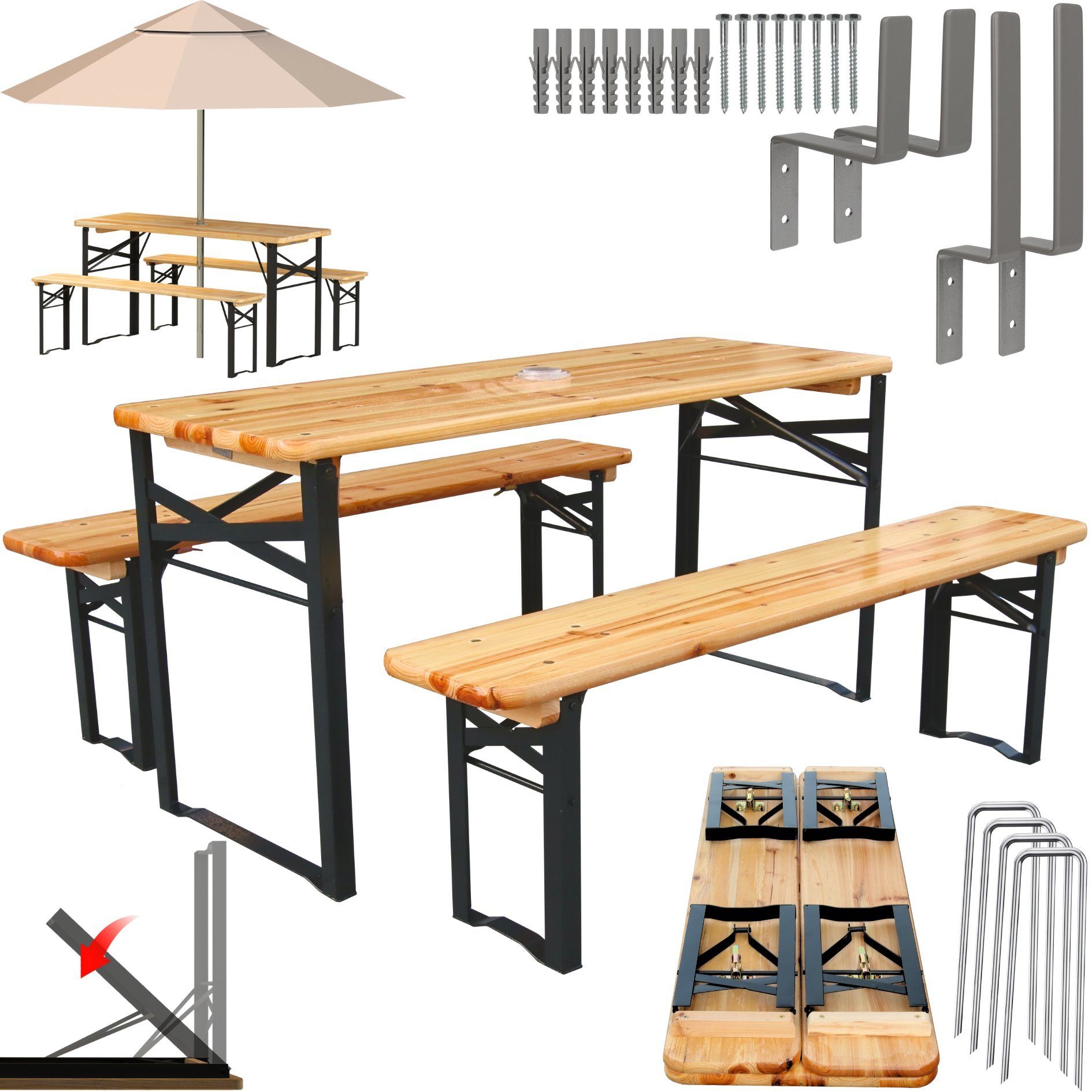 holz4home Bierzeltgarnitur 3-teilig aus Holz, 2 Bänke, 1 Tisch
