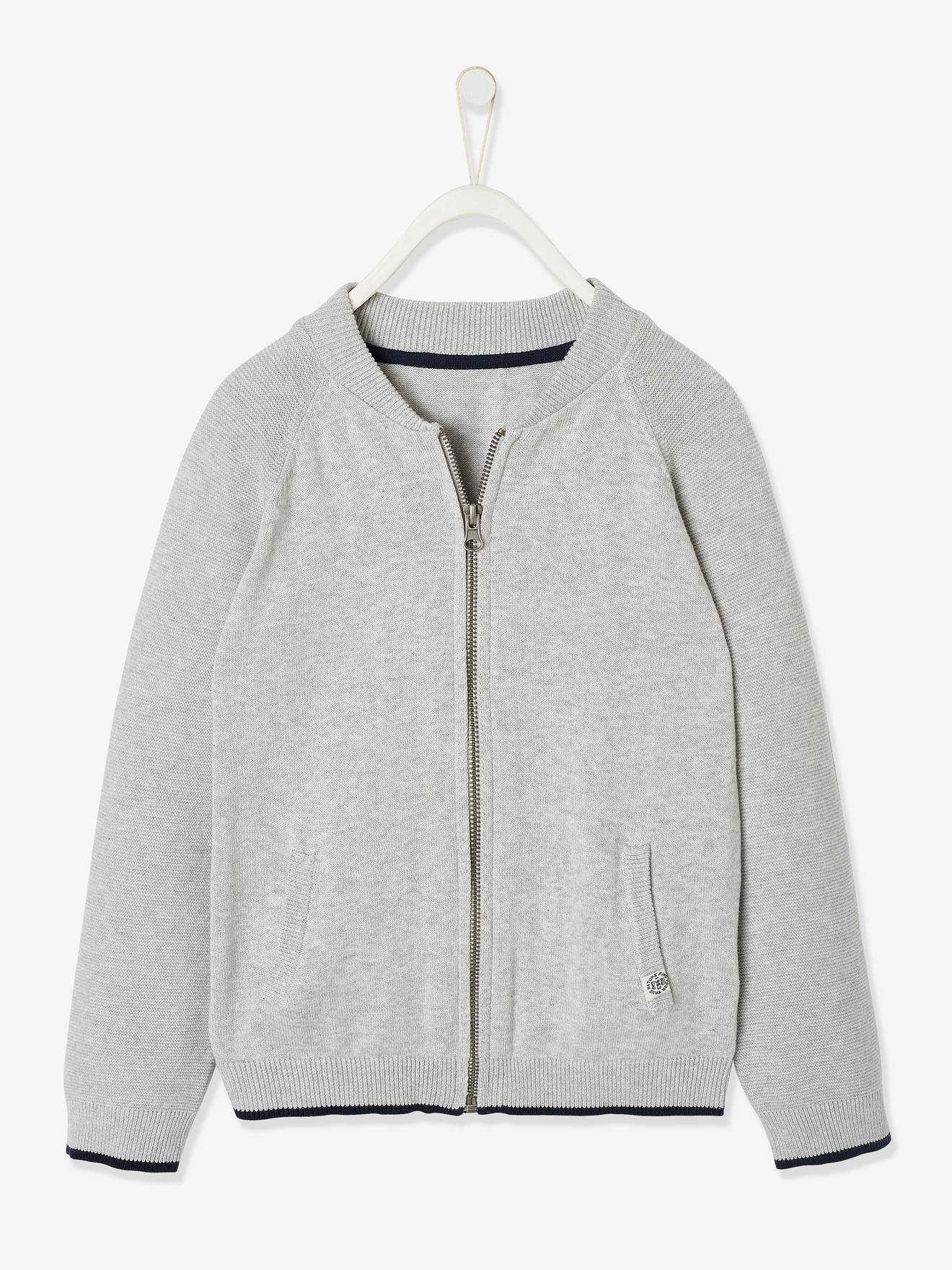Gilet zippé garçon col teddy maille fantaisie gris chiné