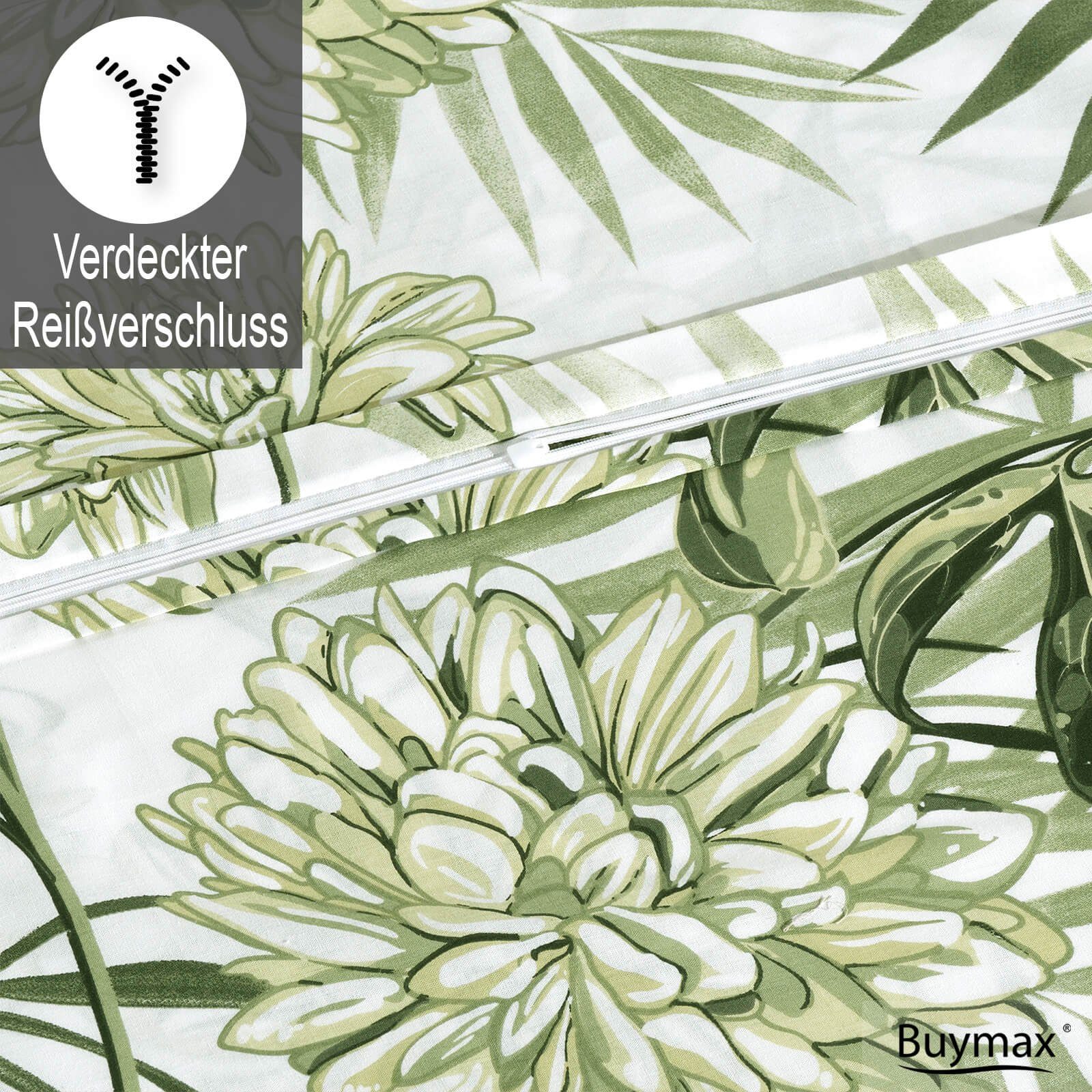Bettwäsche, Buymax, Renforcé, 2 teilig, 100% Baumwolle Renforce 135x200 cm Kissenbezug 80x80cm mit Reißverschluss, Blumen, Eukalyptus, Grün