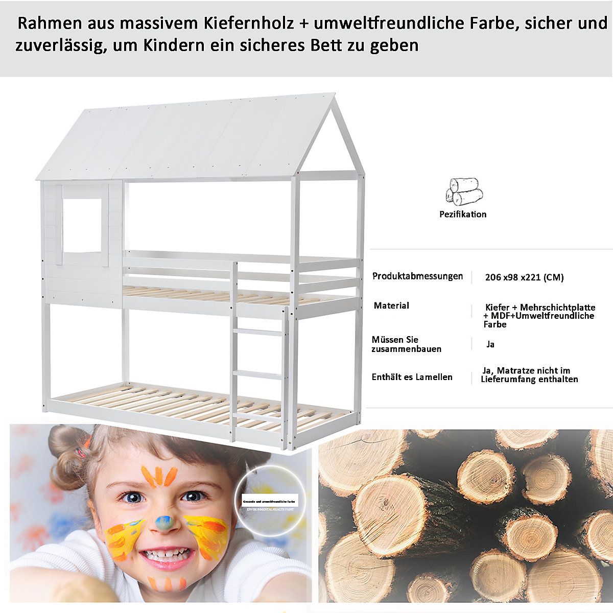 Etagenbett Kinderbett Holz Etagenbett 90 X 200 cm, Kinder hausbett mit Dach, Leiter und Lattenrost