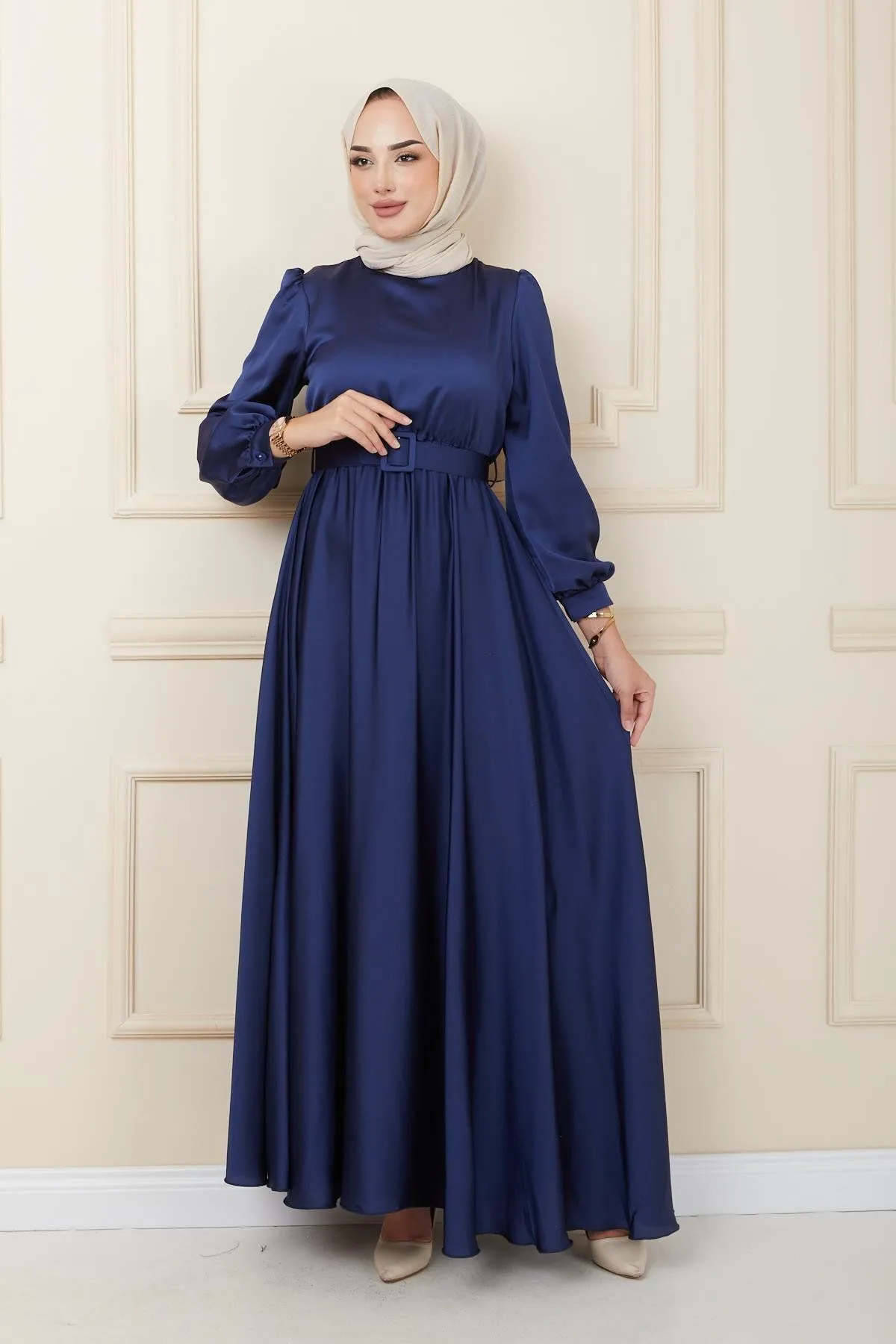 Olcay  Ausgestelltes Abendkleid mit Gürtelzubehör MARINEBLAU 1602