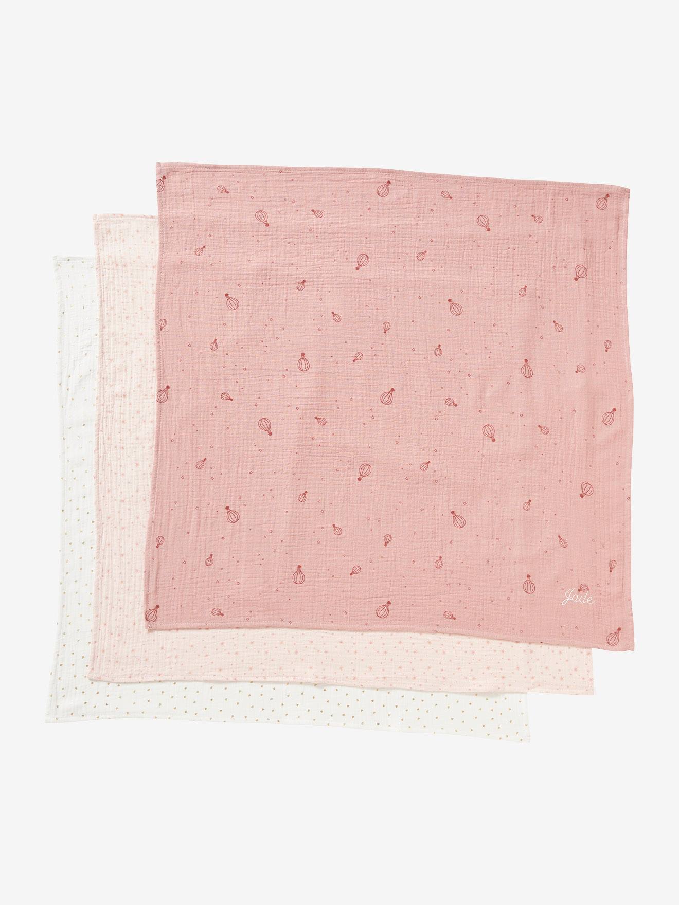 Vertbaudet 3er-Pack Baby Wickeltücher Oeko-Tex, personalisierbar - weiß herzen+rosa+dunkelrosa