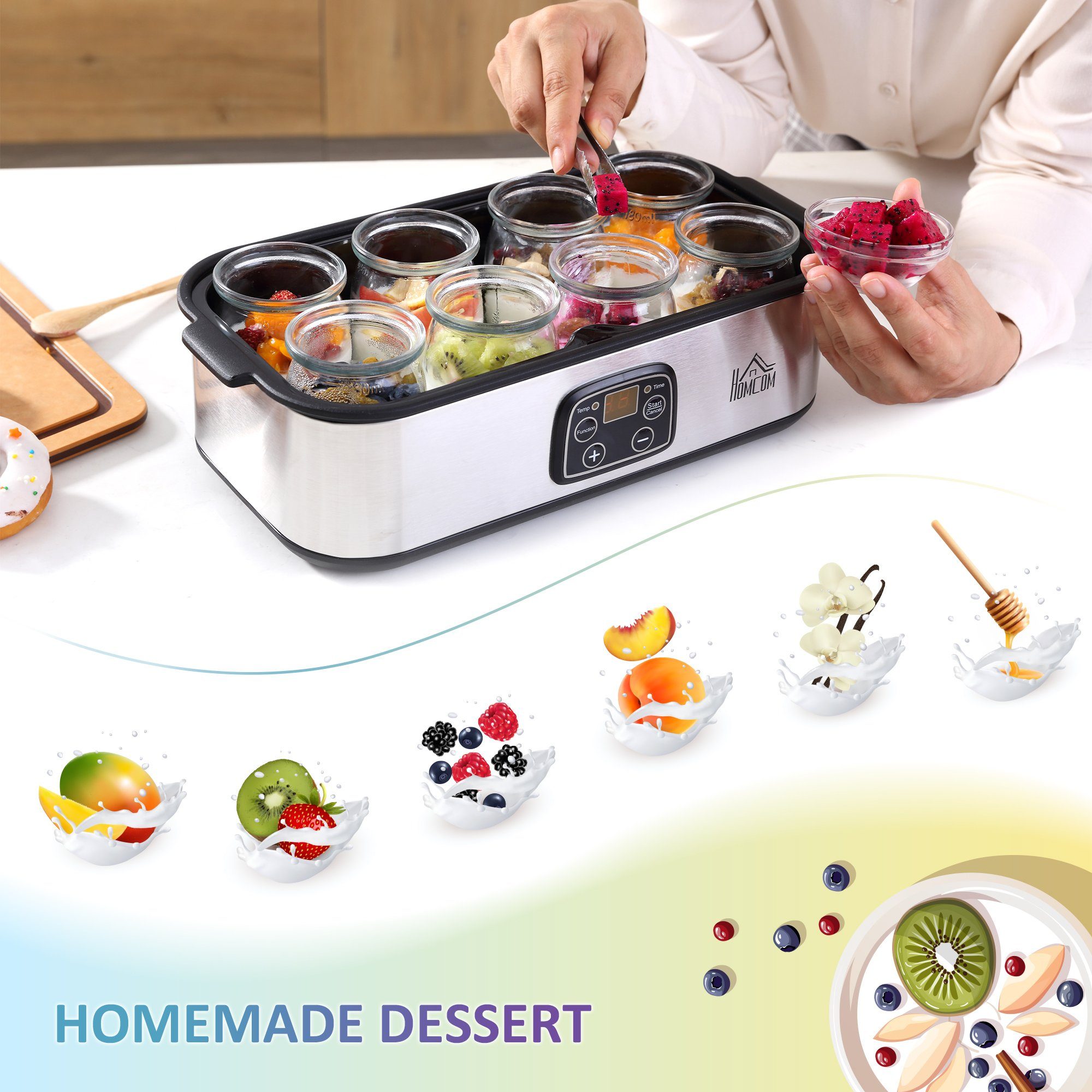 HOMCOM Joghurtbereiter Joghurtbereiter, 8 Portionsbehälter, je 180 ml, Joghurtmaschine 8 Joghurtgläser einstellbar PC PP Silber