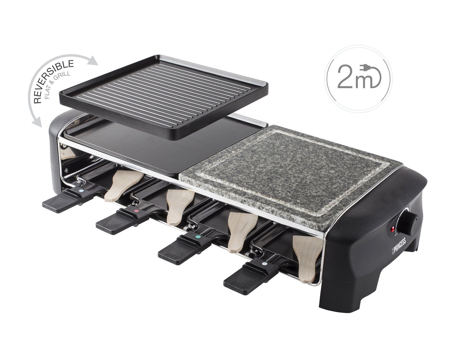PRINCESS Raclette, 5in1 Gerät für 2-8 Personen Tischgrill Grill- & Steinplatte Steingrill