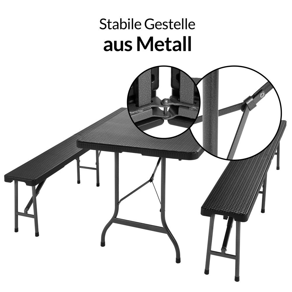 Casaria Bierzeltgarnitur Malmö, (3-tlg), 180 cm Klappbar Rattan Optik Kunststoff 2x Bierbank 1x Breiter Tisch