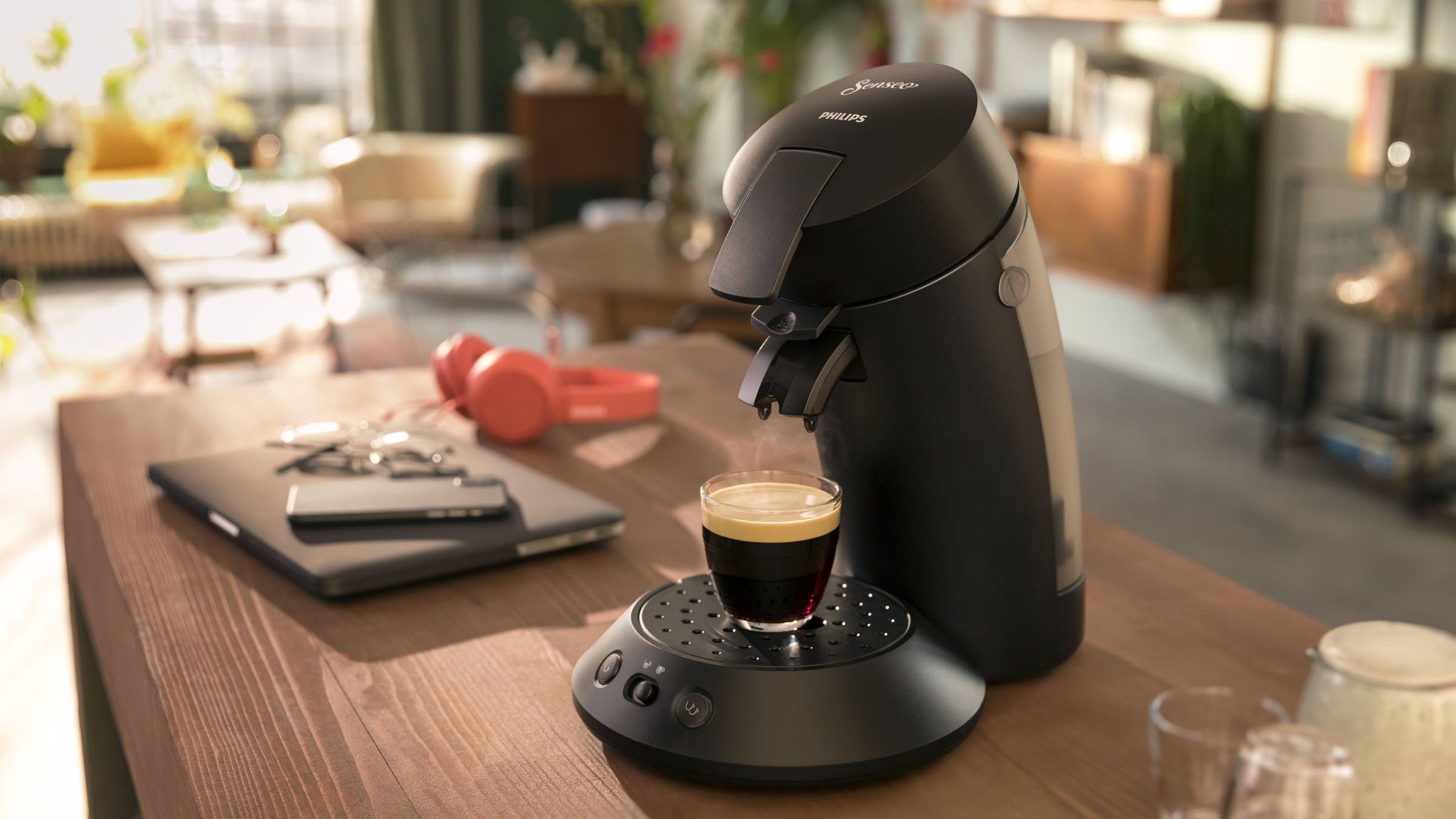 Philips Senseo Kaffeepadmaschine Original Plus CSA 210/60, aus 28% recyceltem Plastik und mit 2 Kaffeespezialitäten, mattschwarz