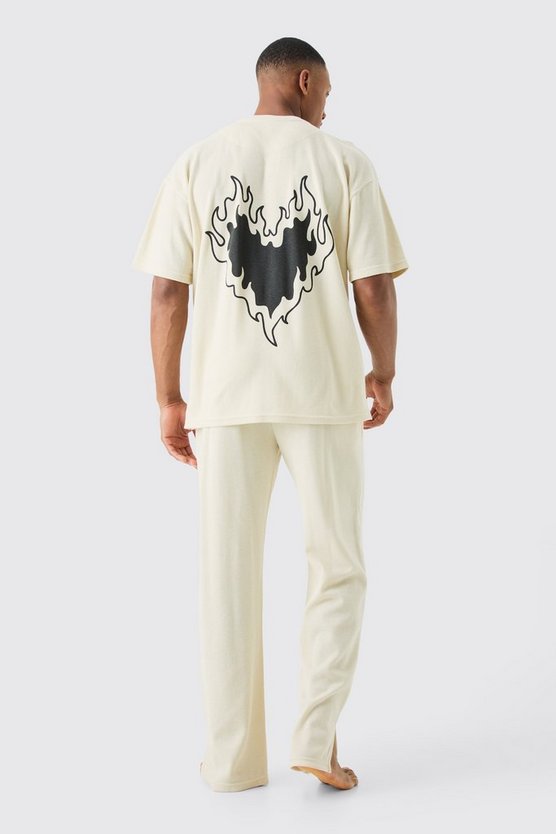 Loungewear T-Shirt und Jogginghose mit Herz-Print in Waffeloptik